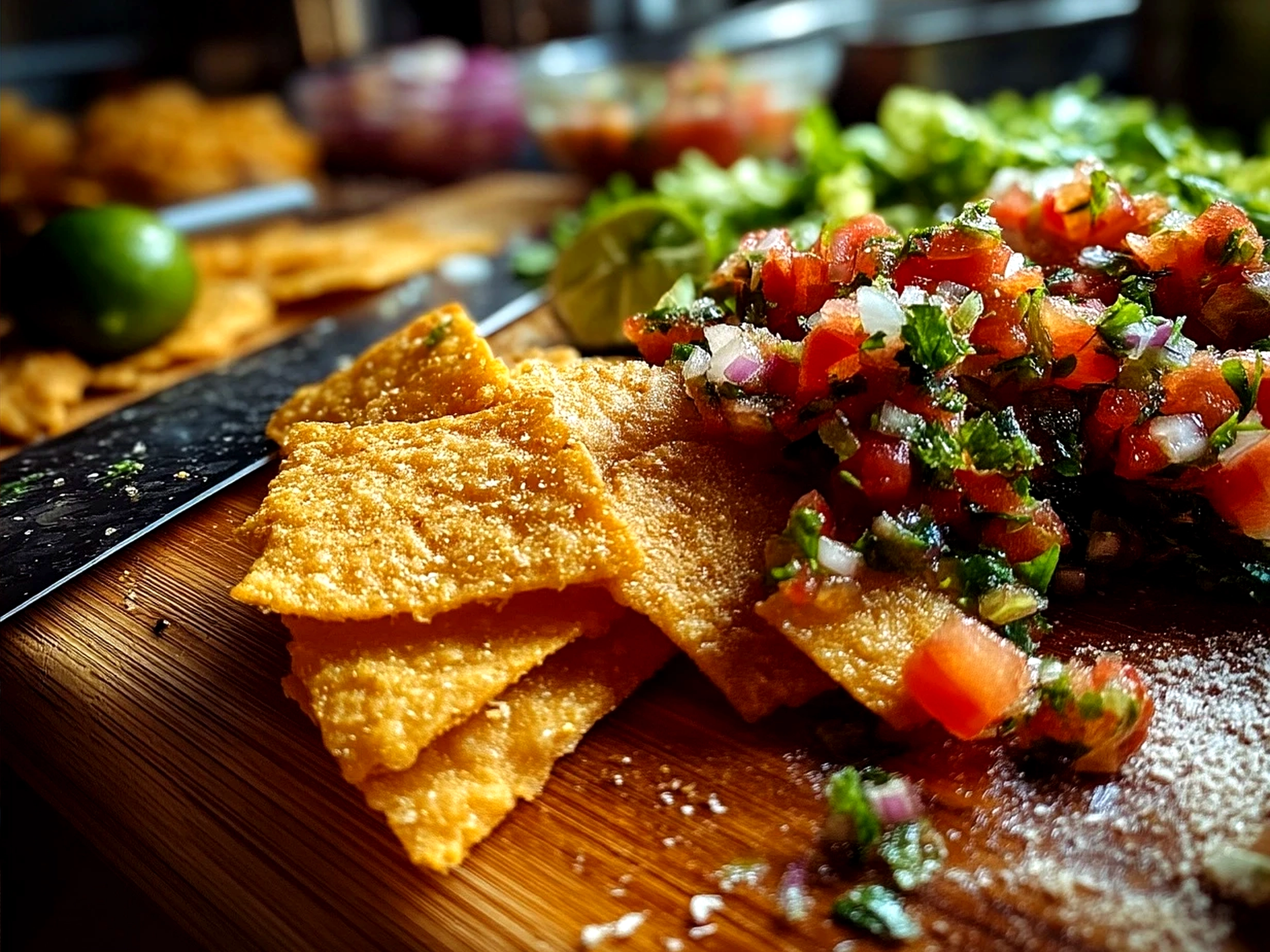 Final winter salad with snowflake tortilla chips and fresh homemade salsa served