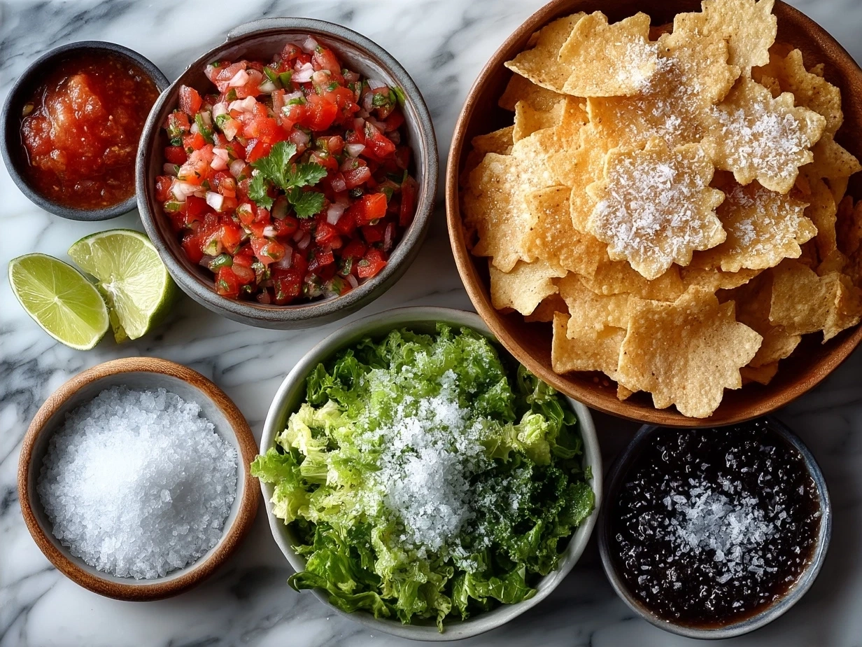 Ingredients for winter salad with snowflake tortilla chips and fresh homemade salsa