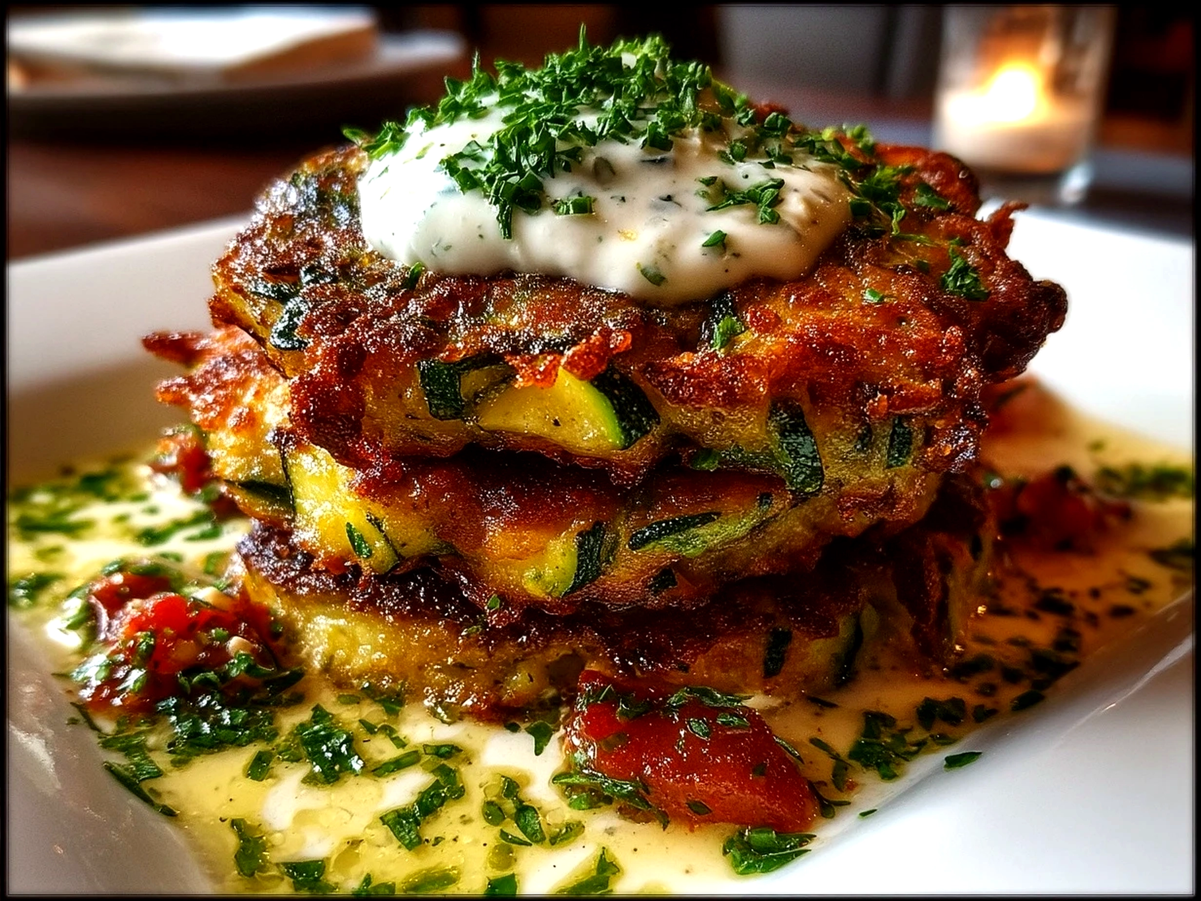 Stacked zucchini fritters with creamy yogurt sauce garnished with fresh herbs