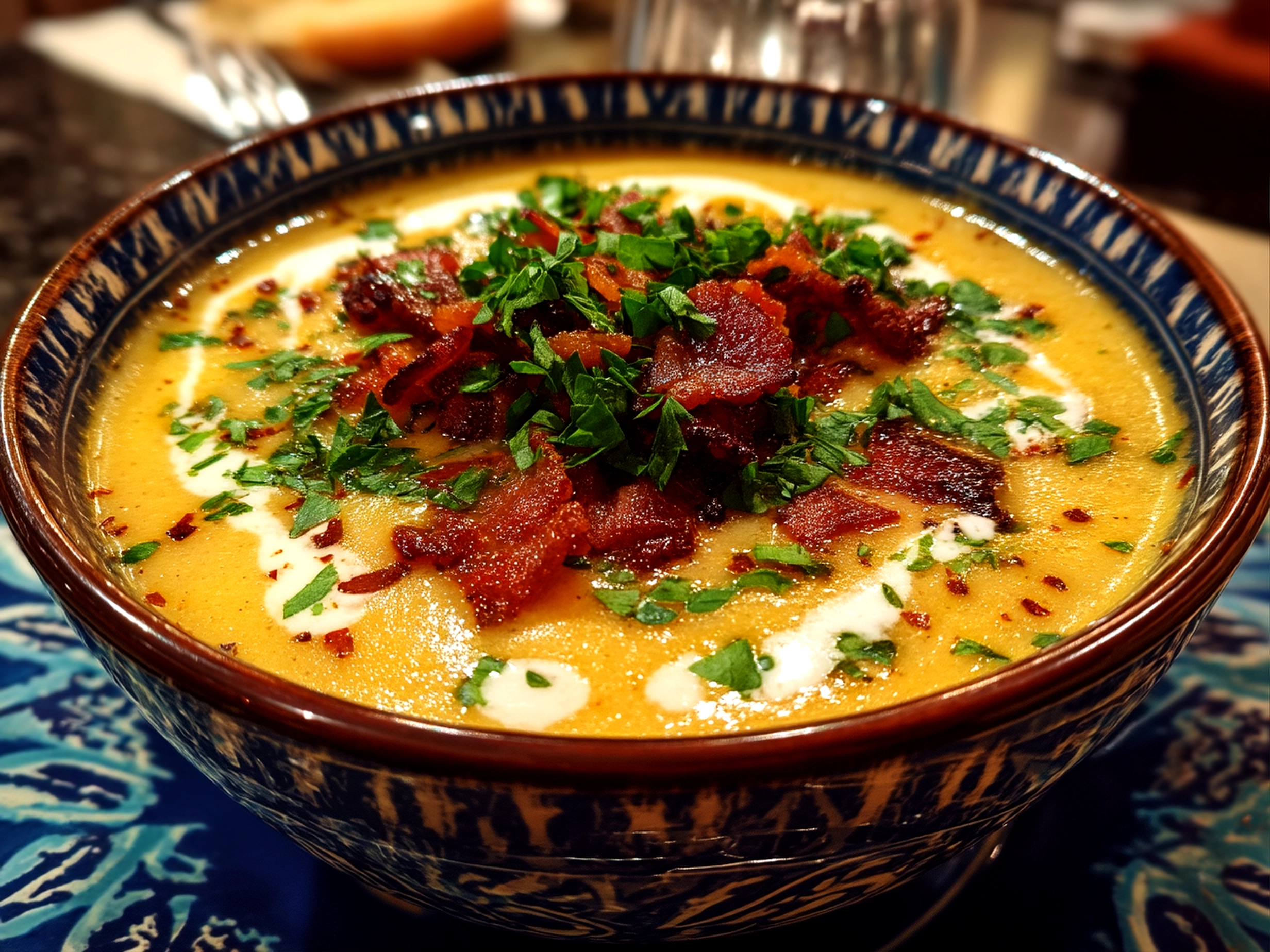 Slight angle close-up of finished beautiful loaded potato soup served in a bowl.