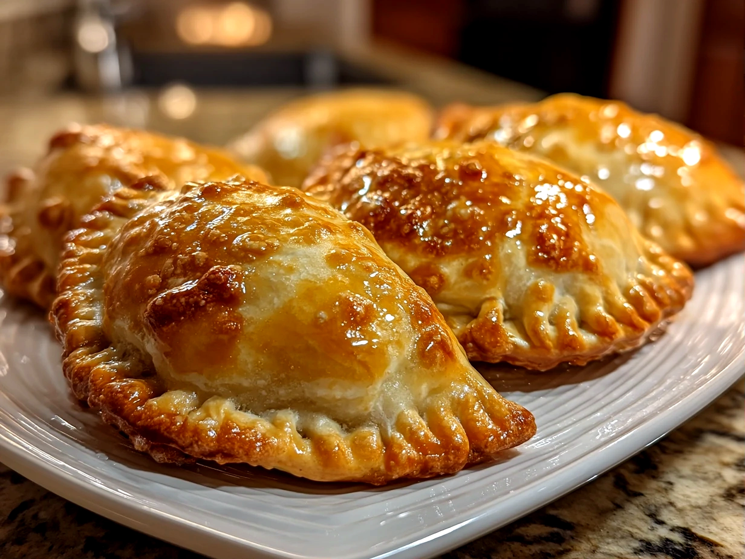 Close-up of finished comforting Air Fryer Apple Pie Bombs served on a warm plate with a rustic kitchen background