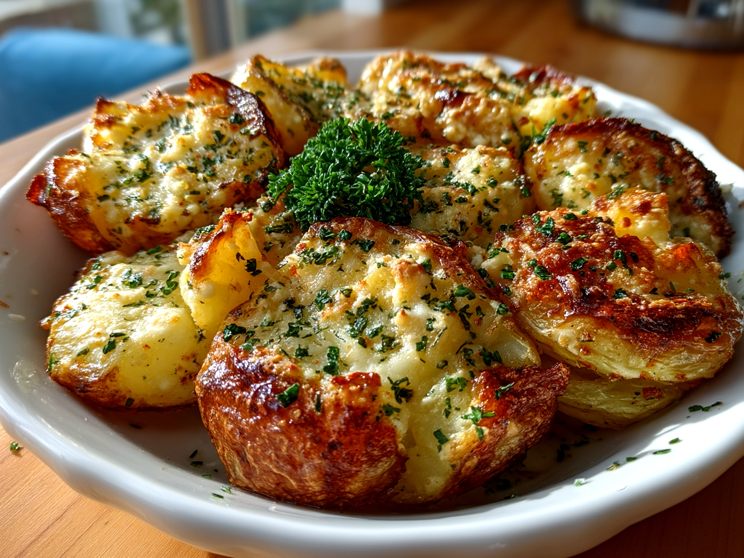 Close-up of finished comforting baked smashed garlic parmesan potatoes