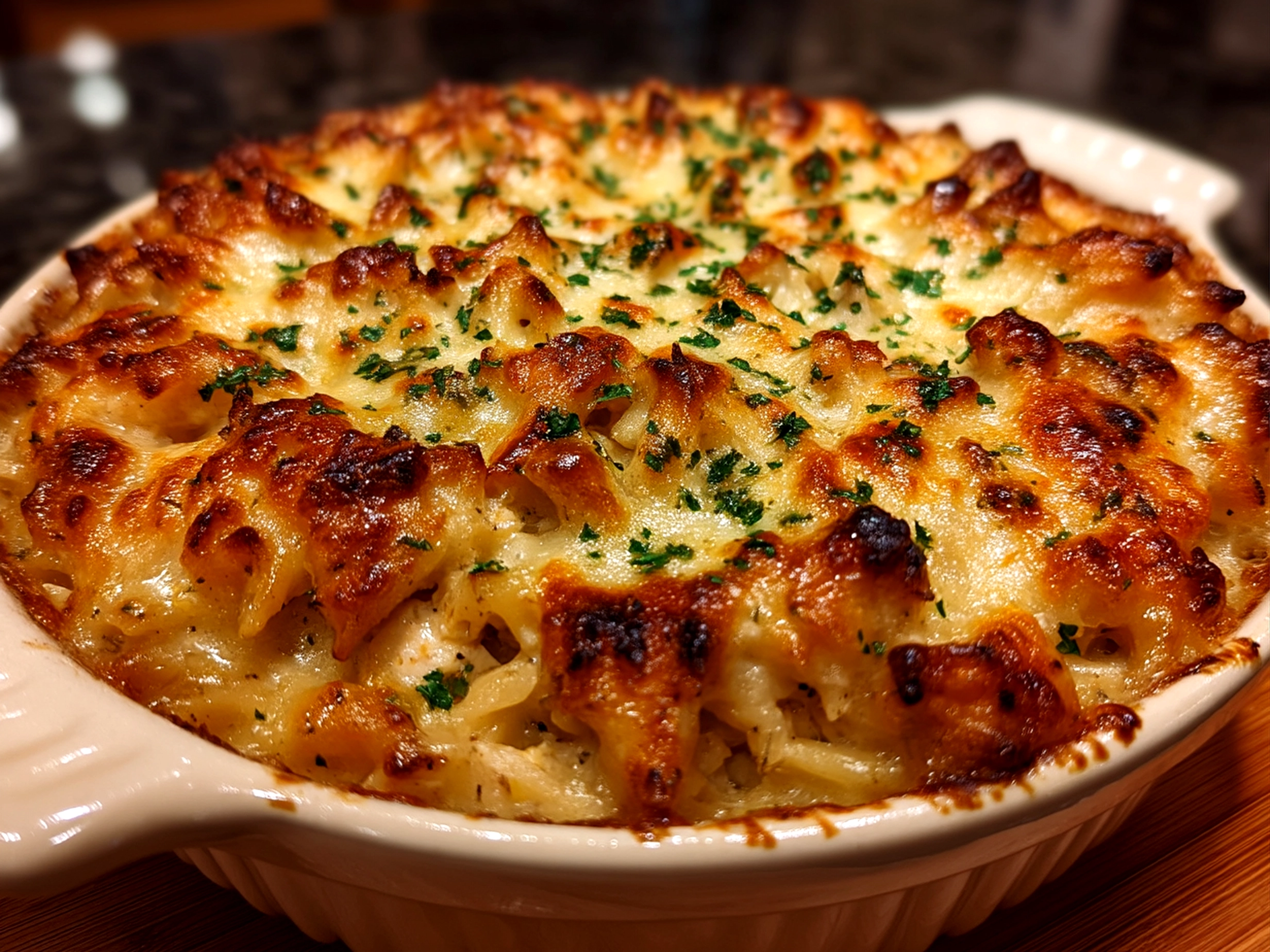 Finished comforting Chicken Pot Pie Orzo in warm bowl