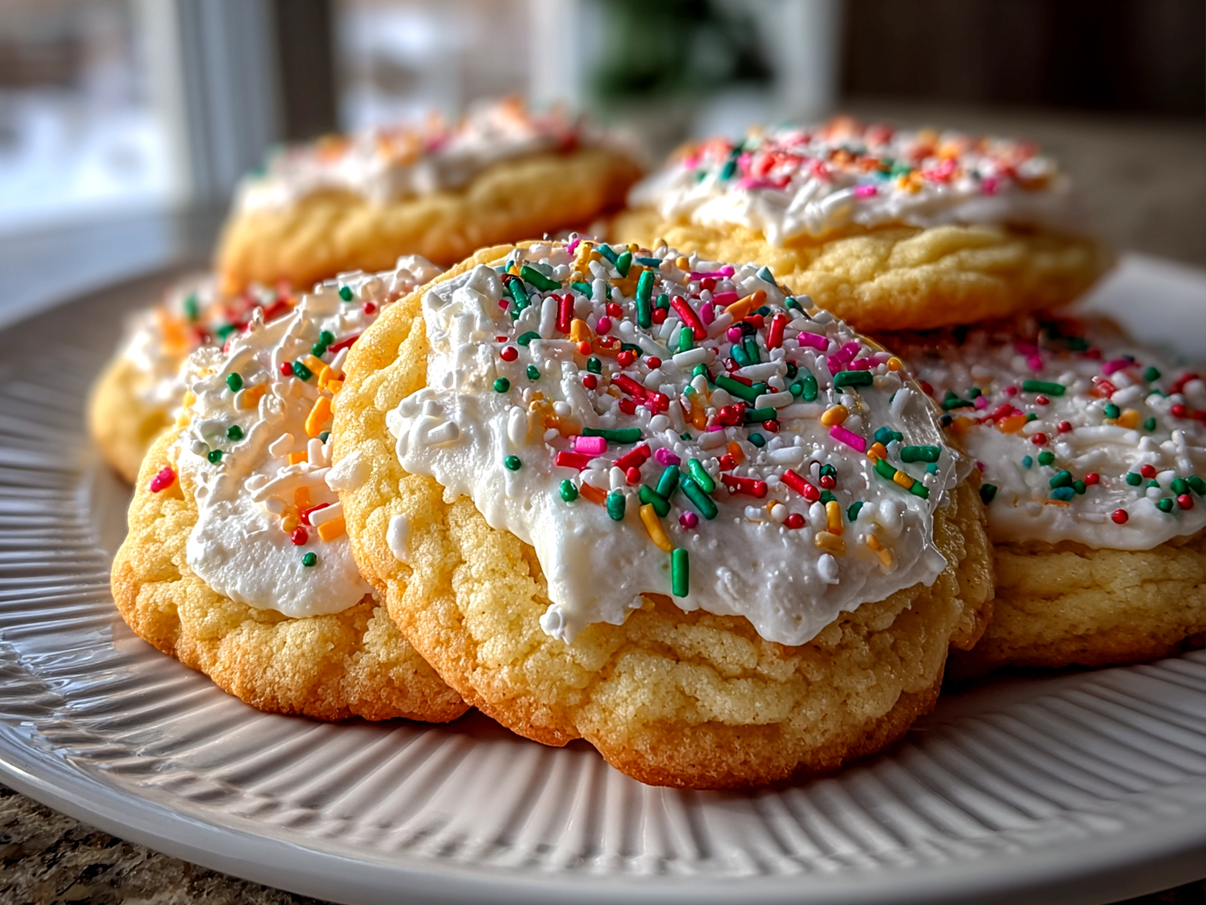 Amateur kitchen, taken with iPhone 14. Close-up slight angle of homemade Sugar Cookies on white plate. Fresh vibrant --ar 4:3 --style raw --s 240