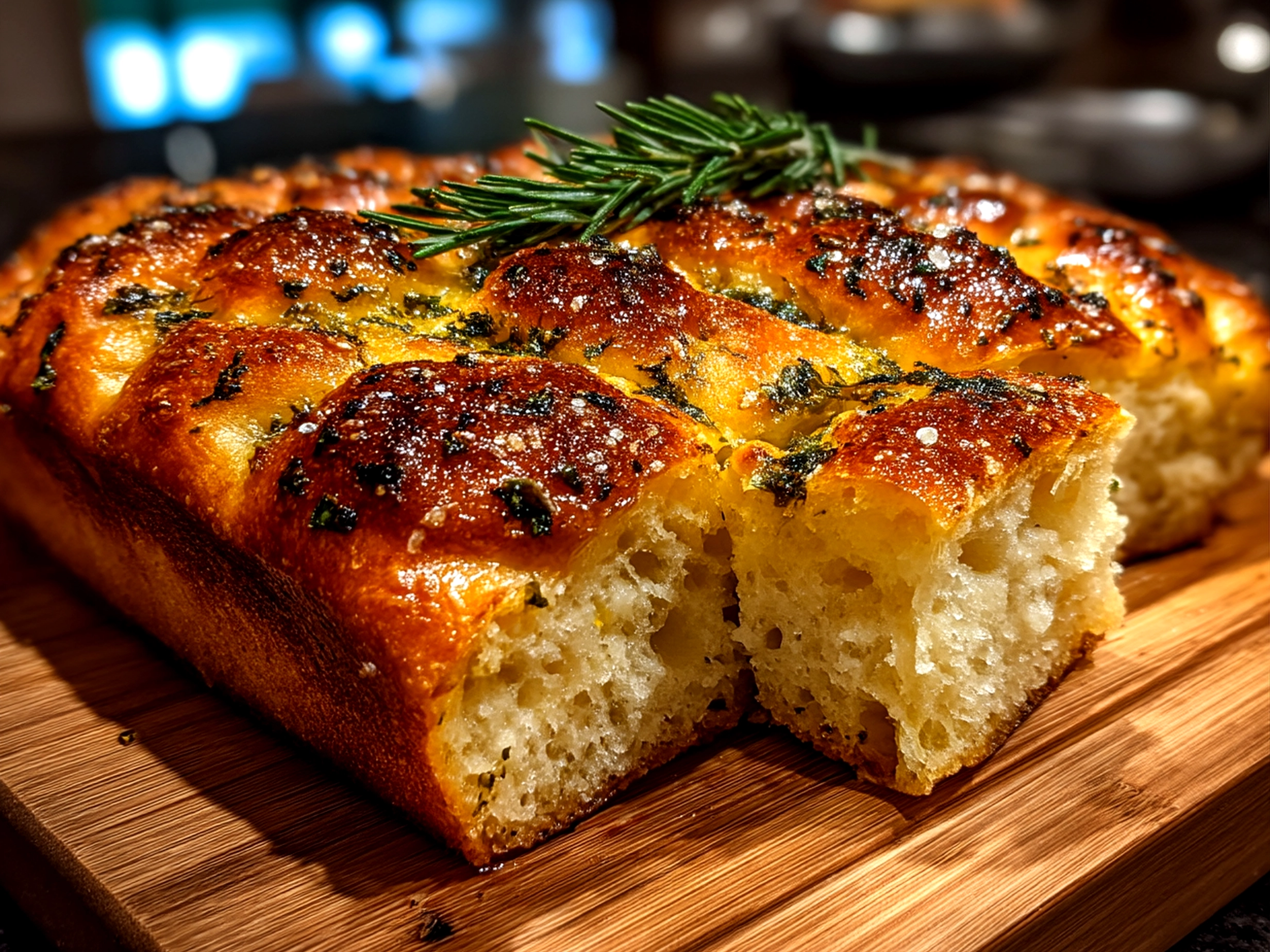 Close-up of finished, delicious Focaccia Decorative Loaf on wooden board