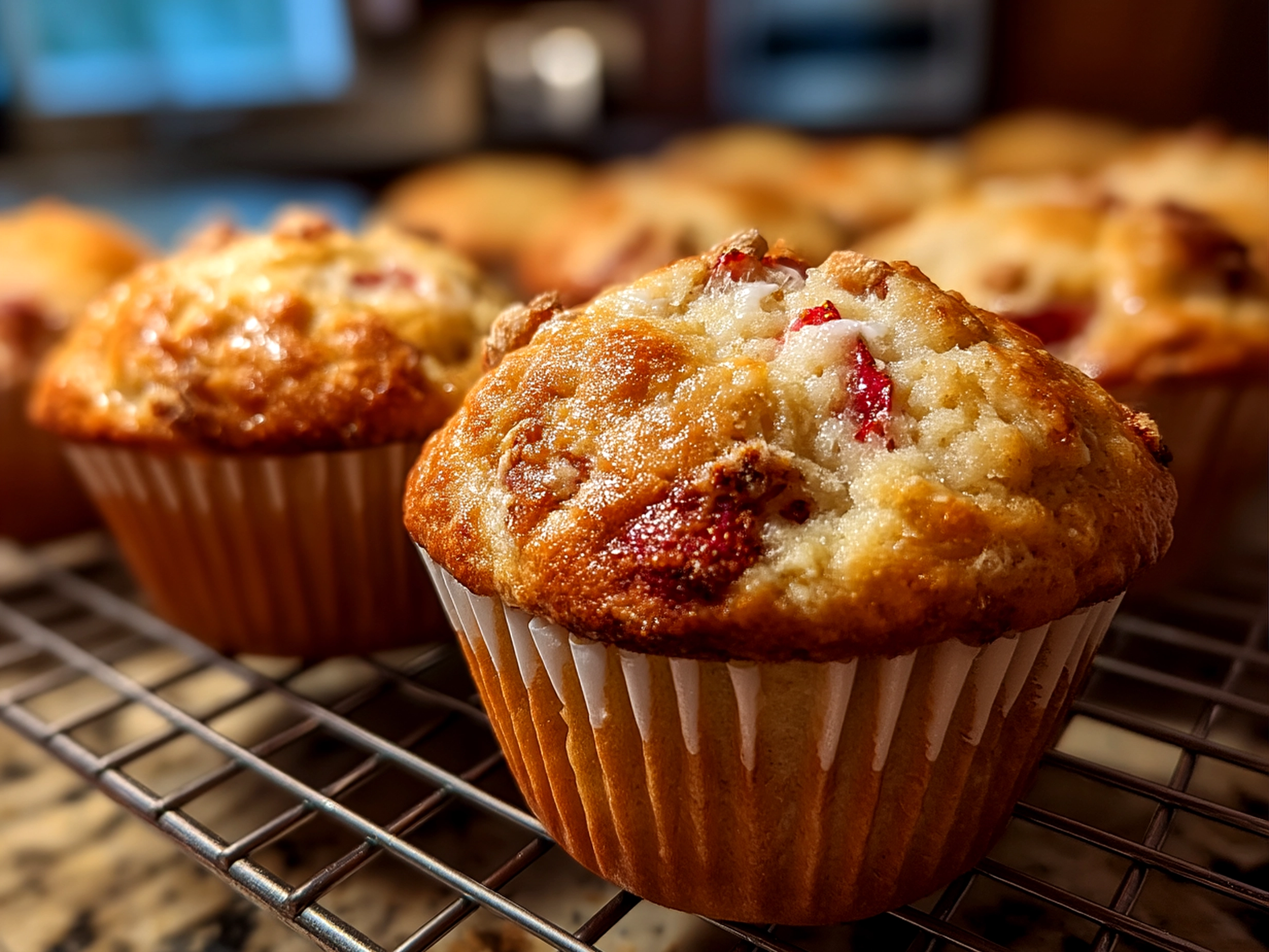 Close-up of finished strawberry banana muffins on a rustic wooden board in a cozy kitchen