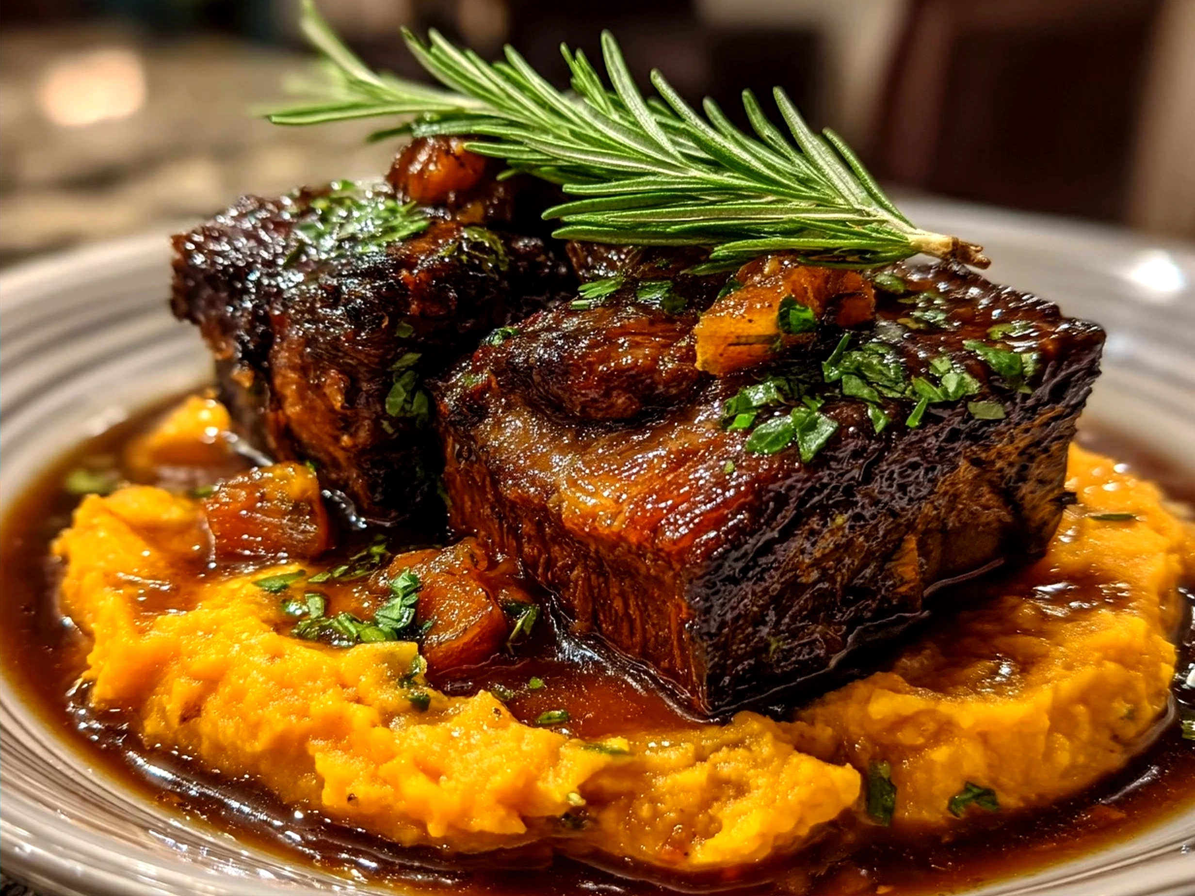 Plated Apple Cider Braised Short Ribs with Rosemary Mashed Sweet Potatoes