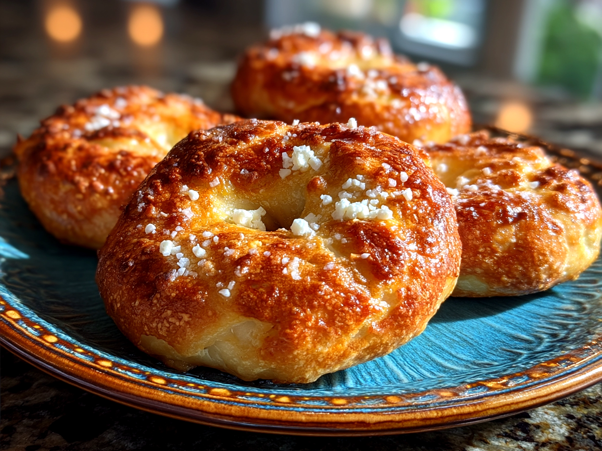 Freshly baked apple pie bagels served on a wooden board with cream cheese