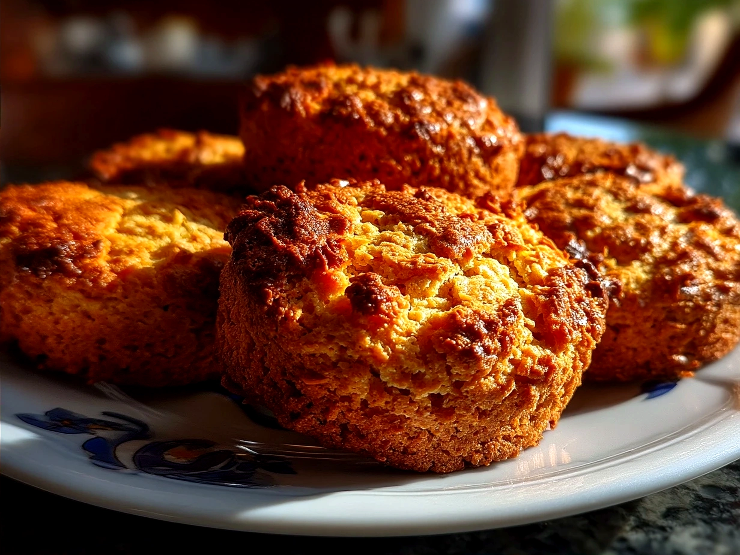 Warm Breakfast Protein Biscuits served on a rustic wooden board with butter and honey