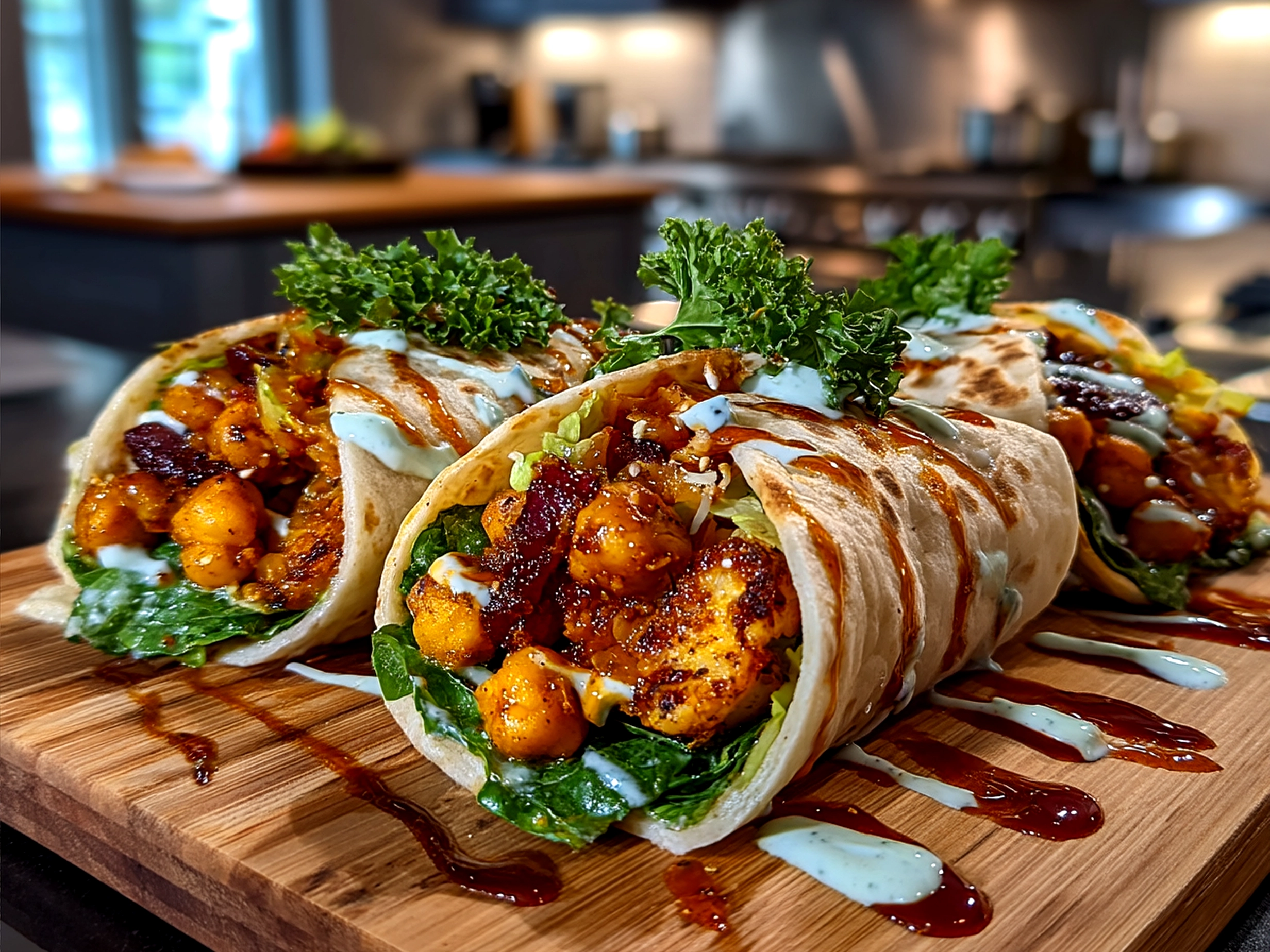 Buffalo Chickpea Wraps served on a plate with fresh sides