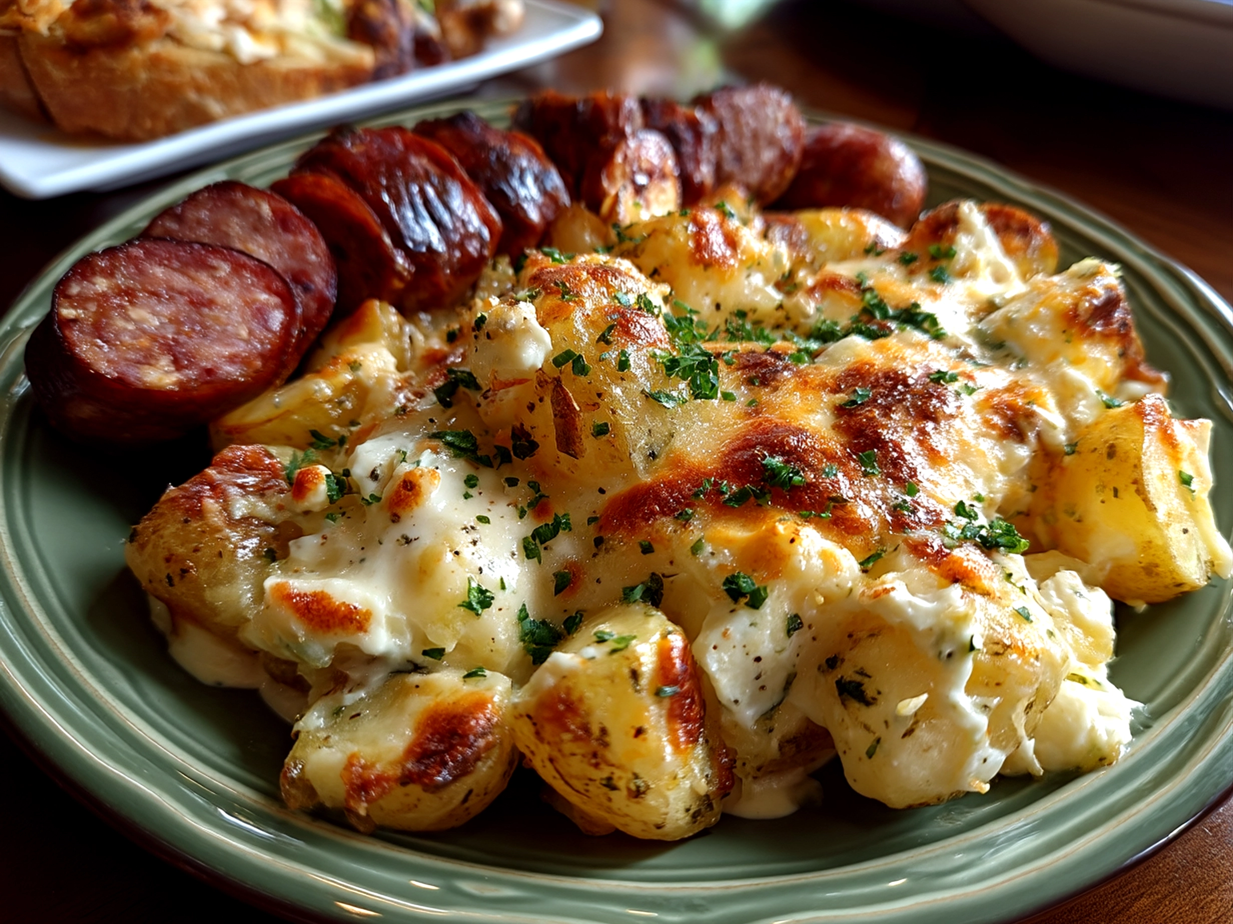 Plated Cheesy Ranch Potatoes and Smoked Sausage garnished with green onions and served hot