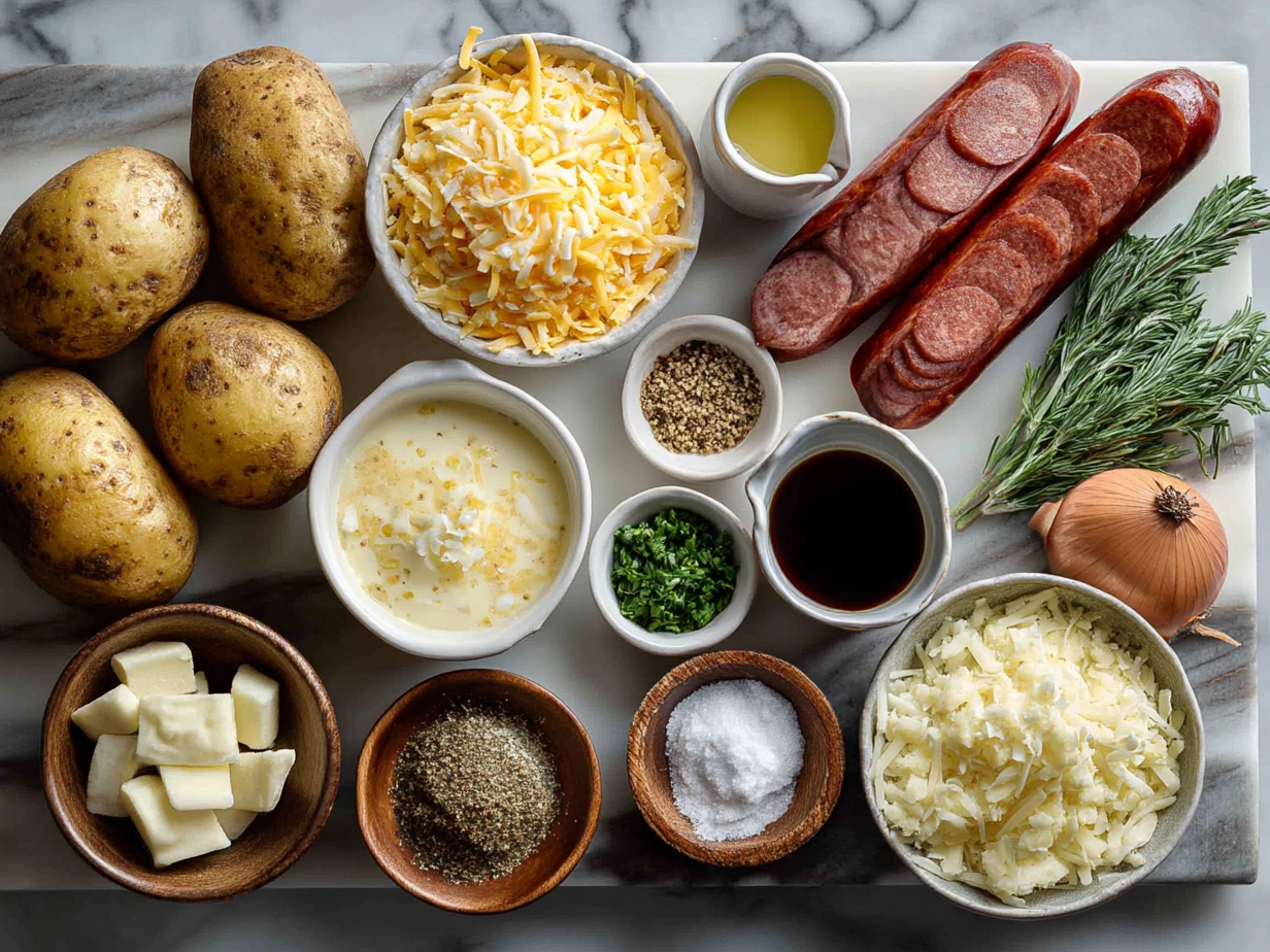 Ingredients for Cheesy Ranch Potatoes and Smoked Sausage including potatoes, smoked sausage, cheddar cheese, ranch seasoning, and onions