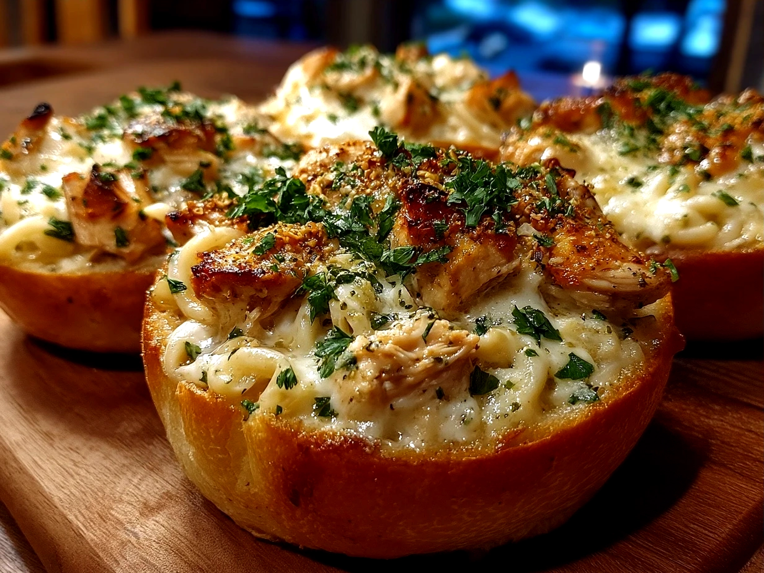 Freshly baked Chicken Alfredo Garlic Bread Bowls on a rustic wooden board