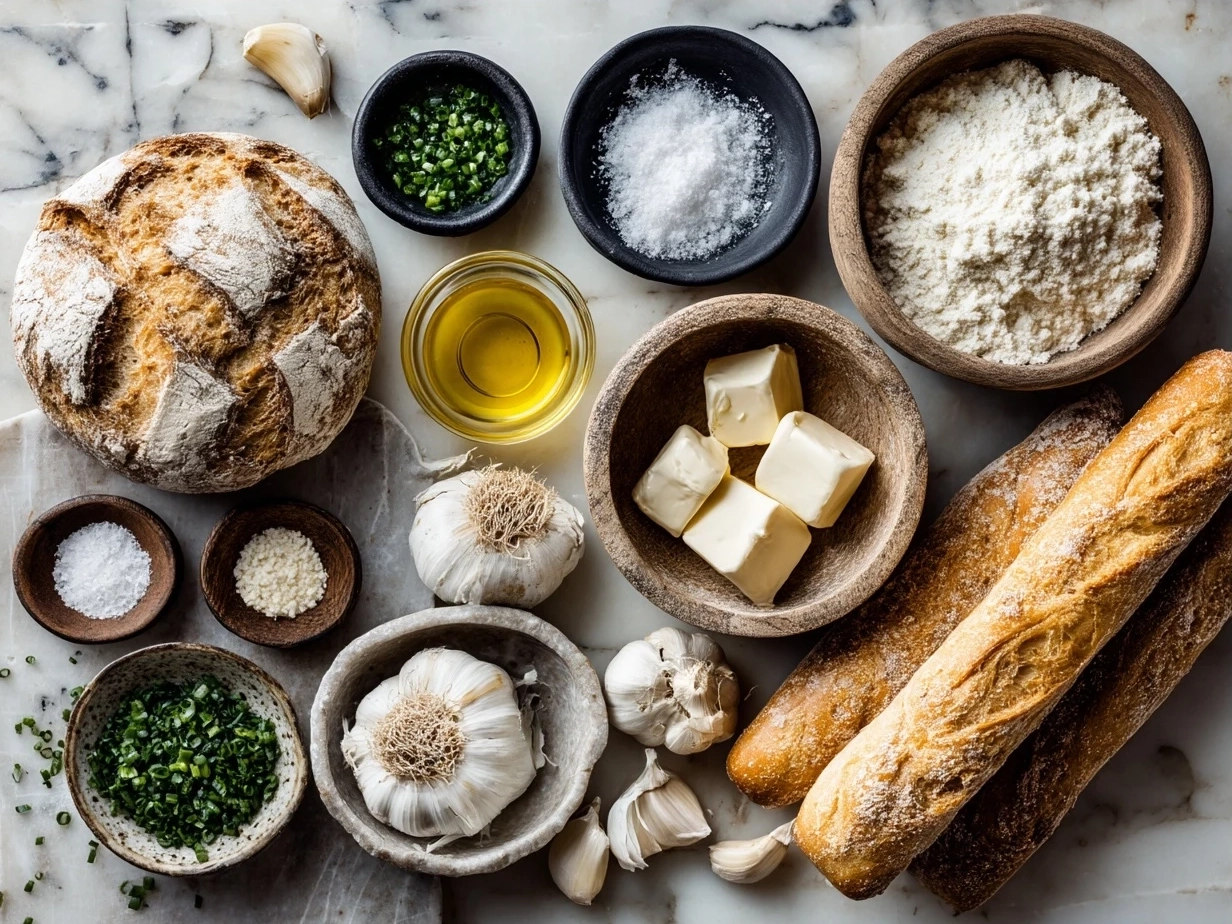 Ingredients for Chicken Alfredo Garlic Bread Bowls including sourdough bread bowls, chicken breast, cream, Parmesan cheese, garlic, and seasonings