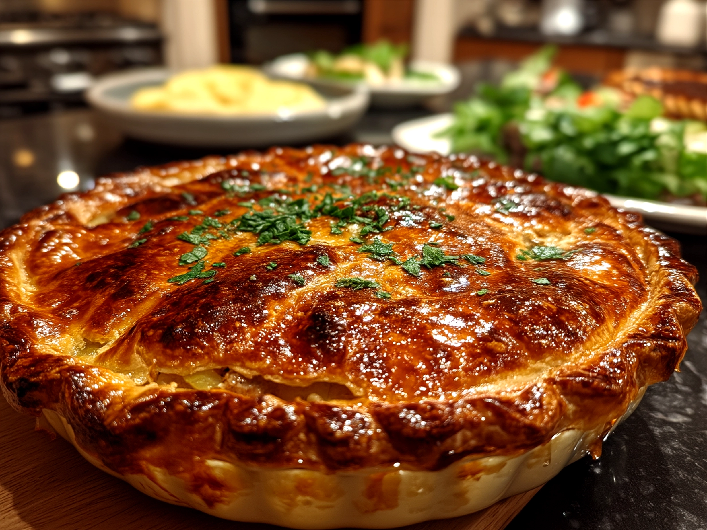 Served Chicken And Leek Pie with golden crust and garnishes