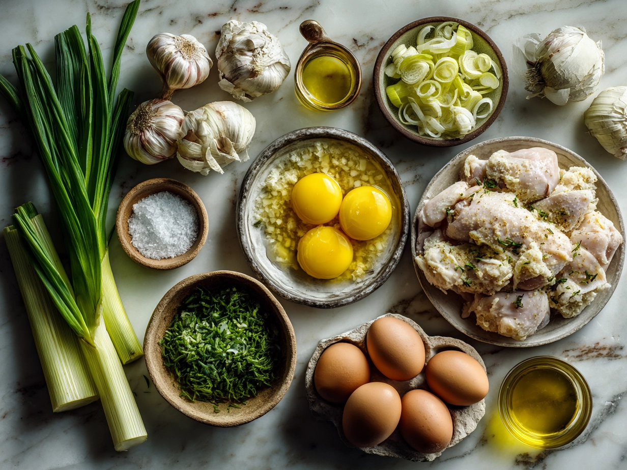 Ingredients for Chicken And Leek Pie including chicken, leeks, butter, cream, and pie crust