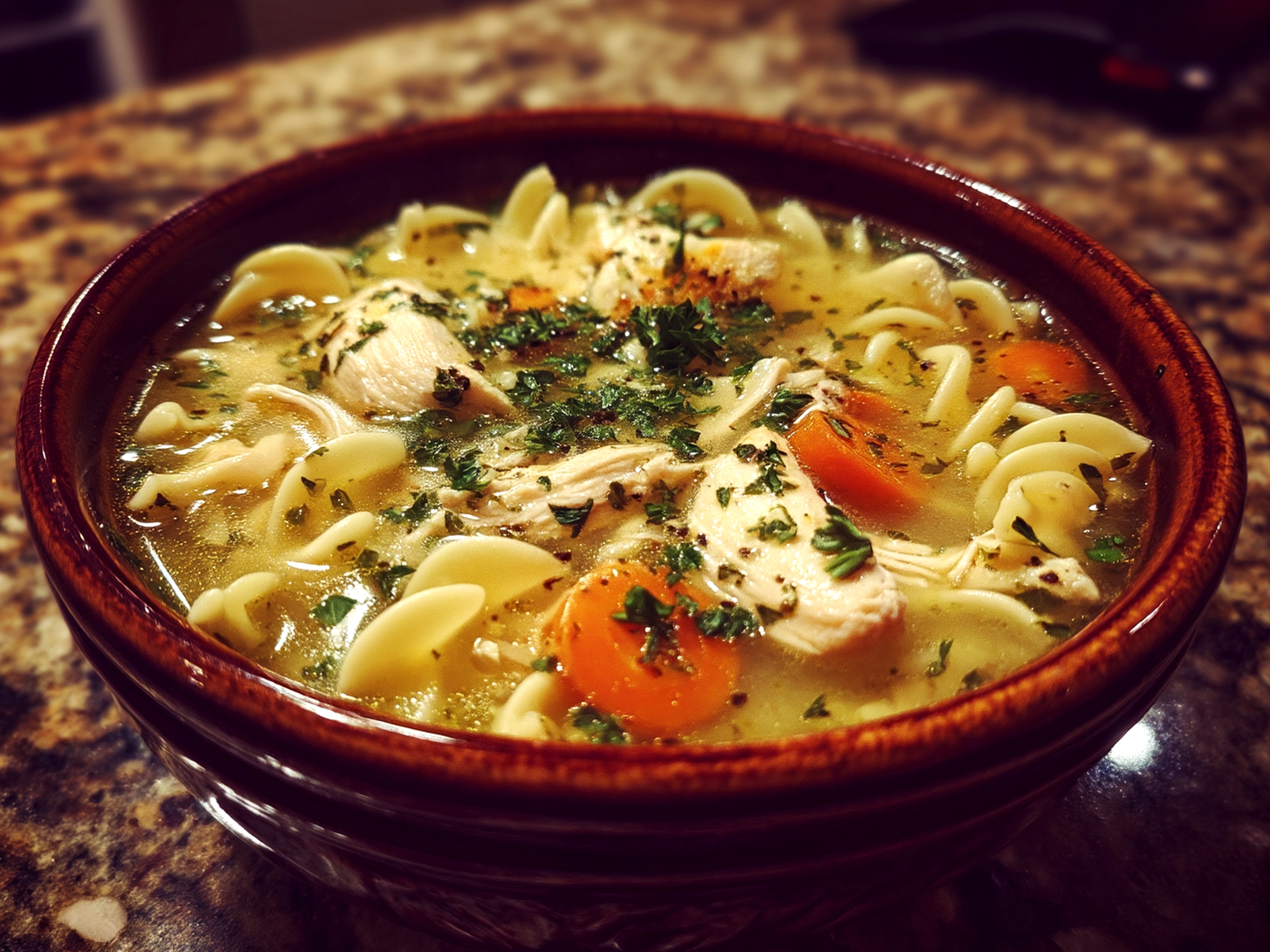 Bowl of freshly served chicken noodle soup with vegetables and herbs
