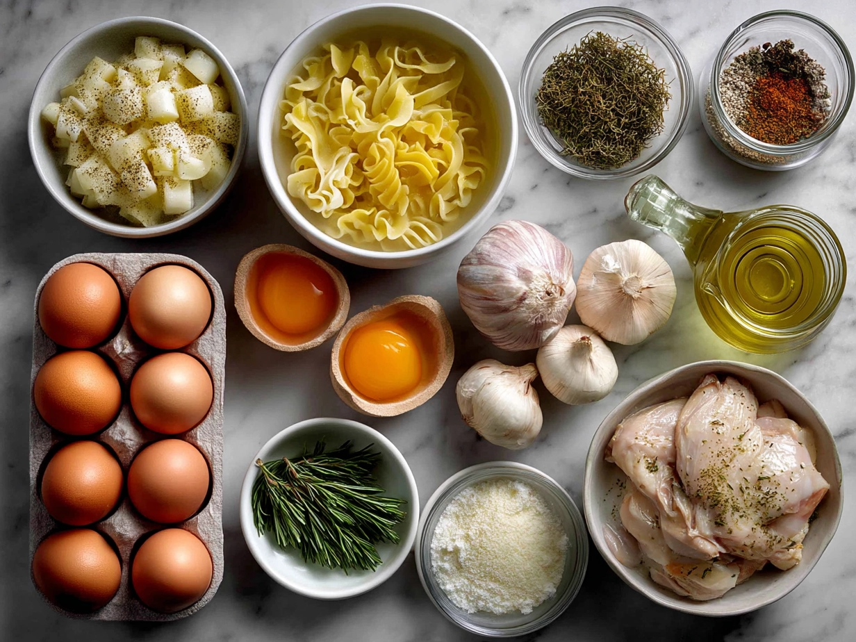 Ingredients laid out for homemade chicken noodle soup showing vegetables and seasonings