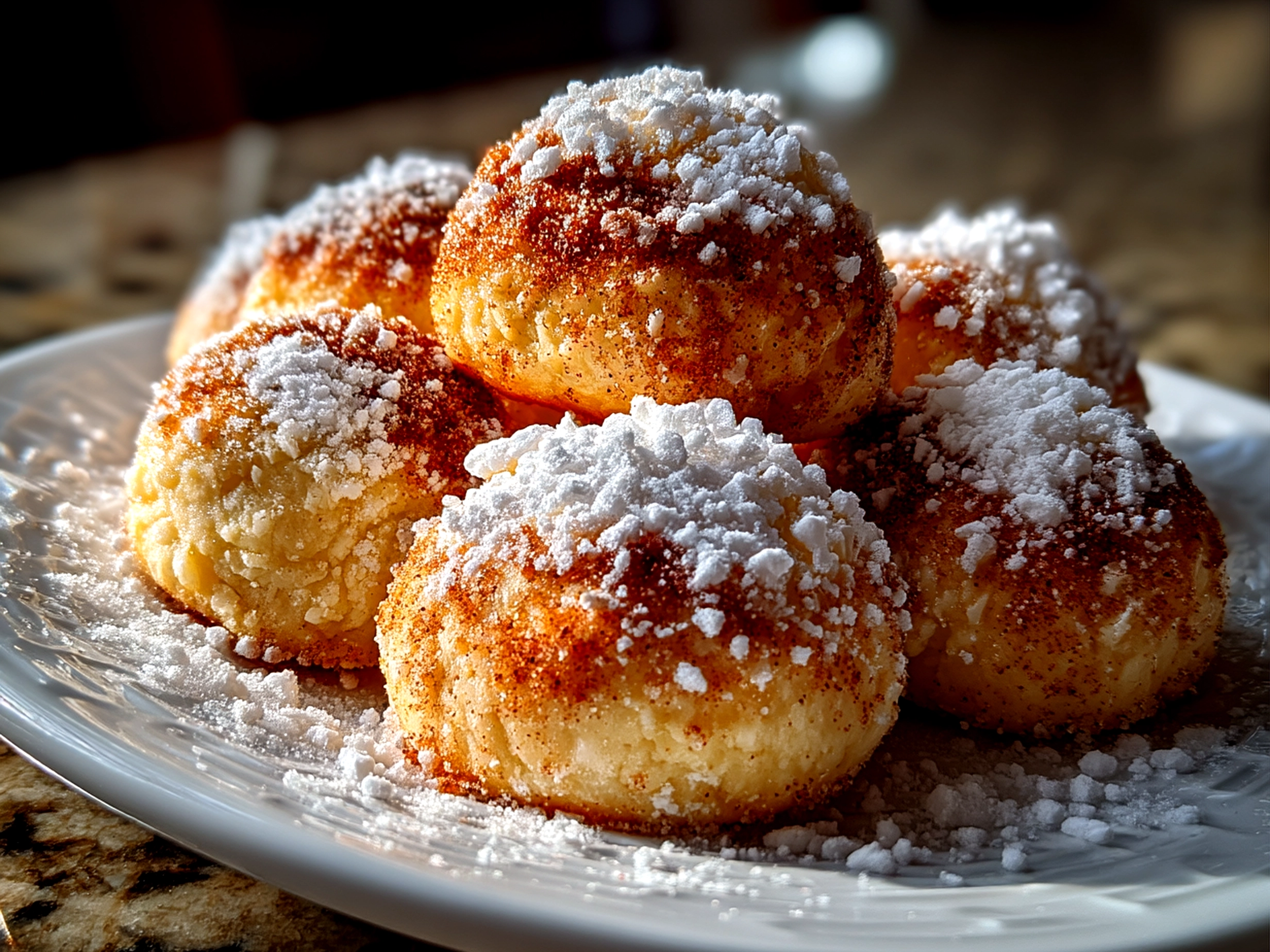 Freshly baked Cinnamon Sugar Snowball Cookies arranged on a plate