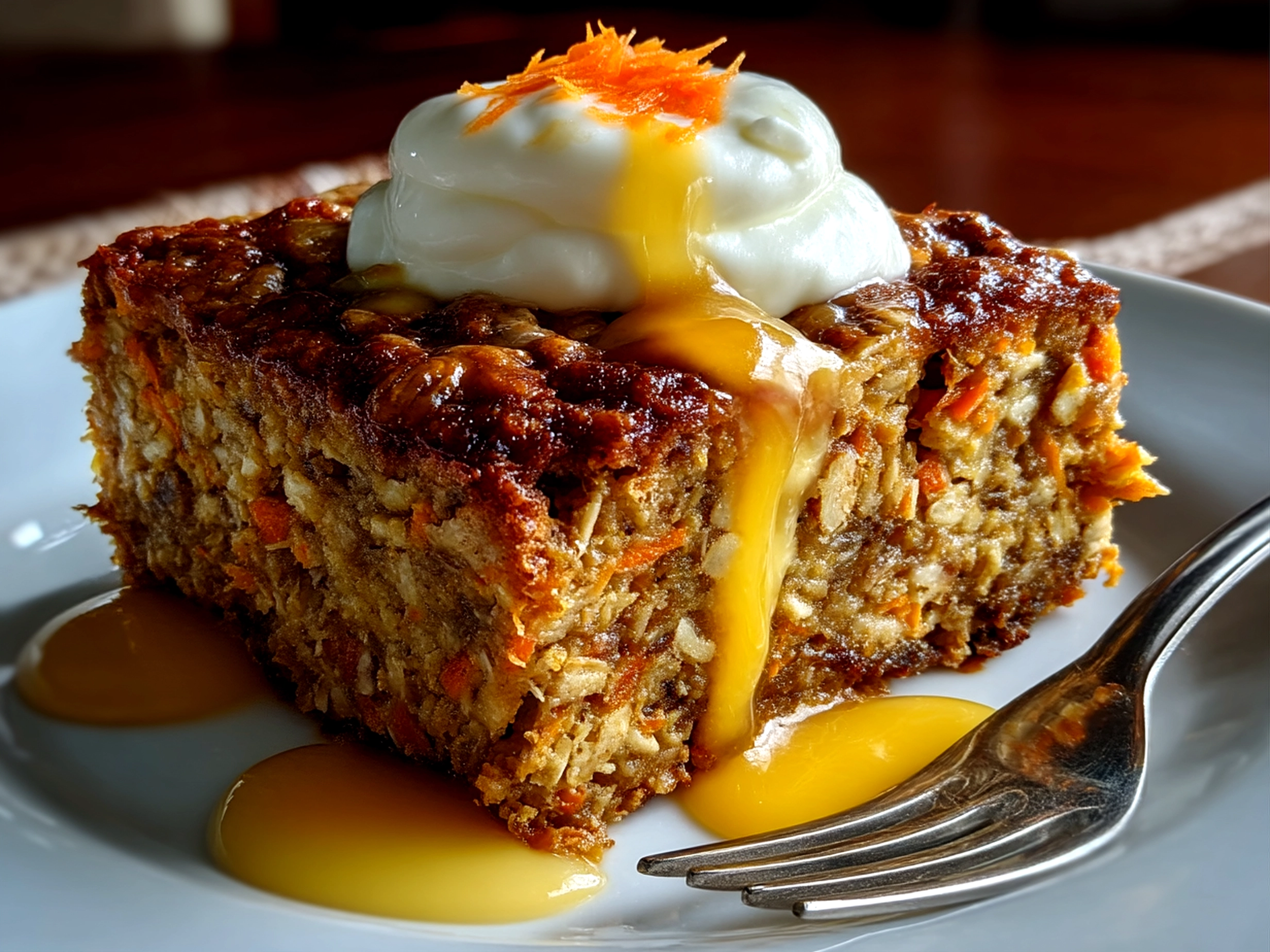 Close up of finished Carrot Cake Baked Oatmeal topped with fresh garnish