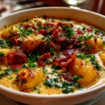 Close-up of comforting homemade Bacon Cheddar Gnocchi Soup