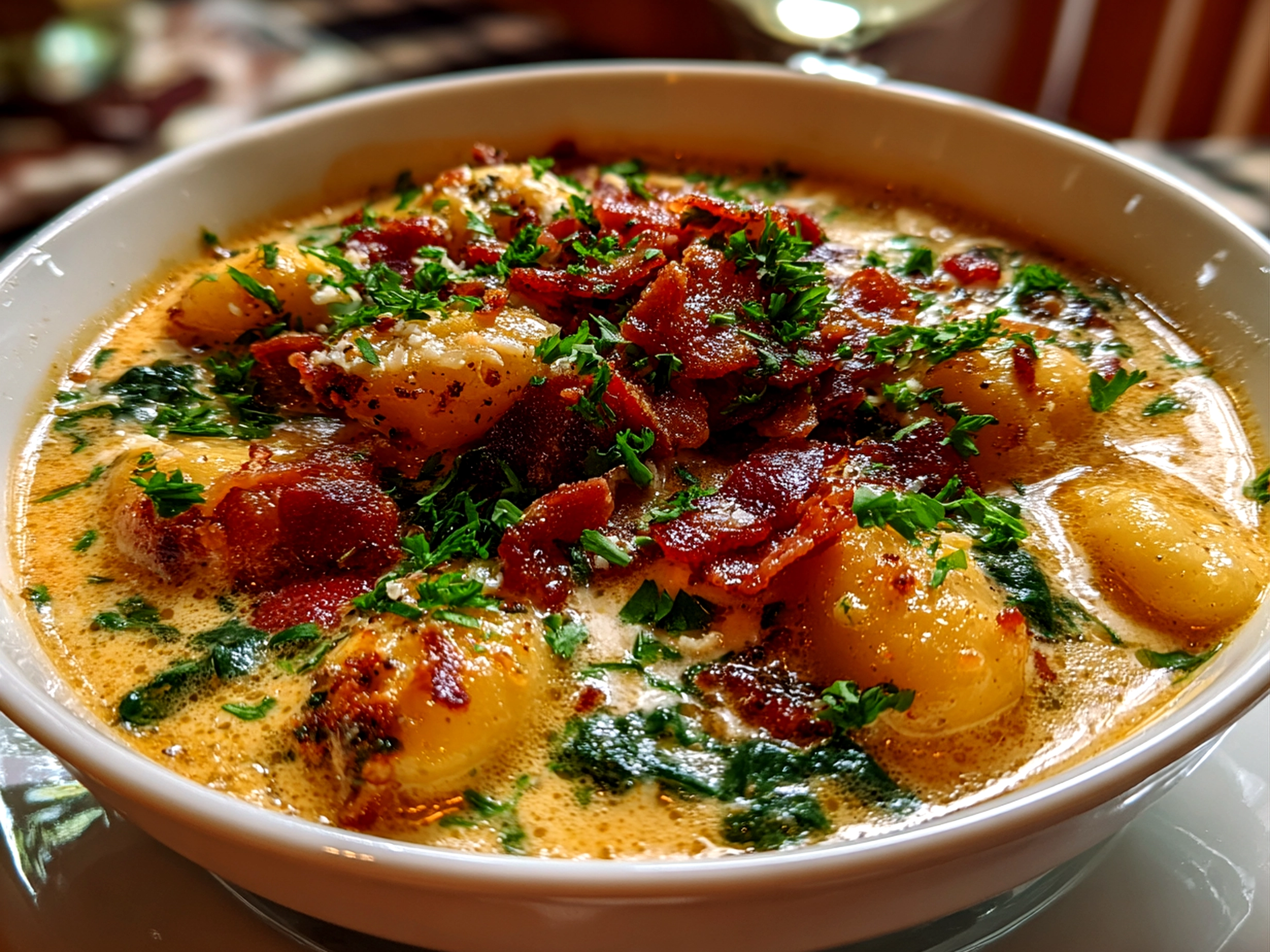 Close-up of comforting homemade Bacon Cheddar Gnocchi Soup