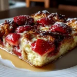 Close-up of homemade Berry Croissant Breakfast Bake on white plate
