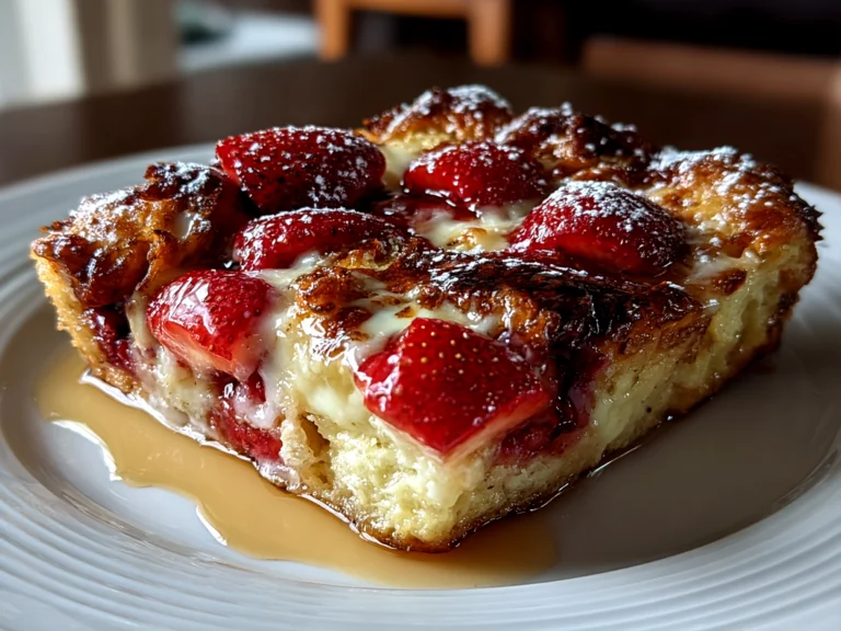 Close-up of homemade Berry Croissant Breakfast Bake on white plate