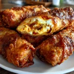 Close-up of homemade Buffalo Chicken Dip Egg Rolls