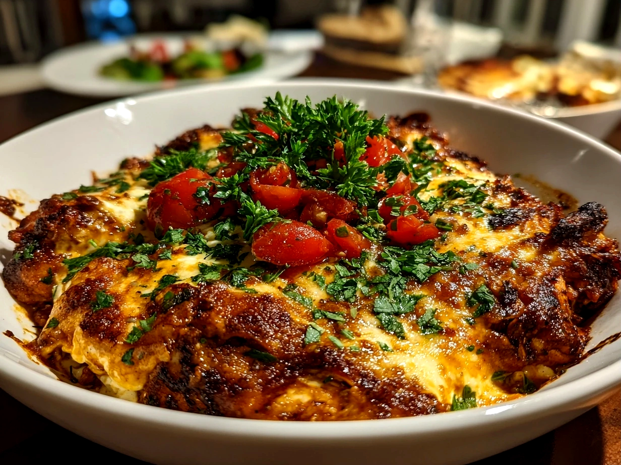 Close-up of homemade chicken enchilada bowl