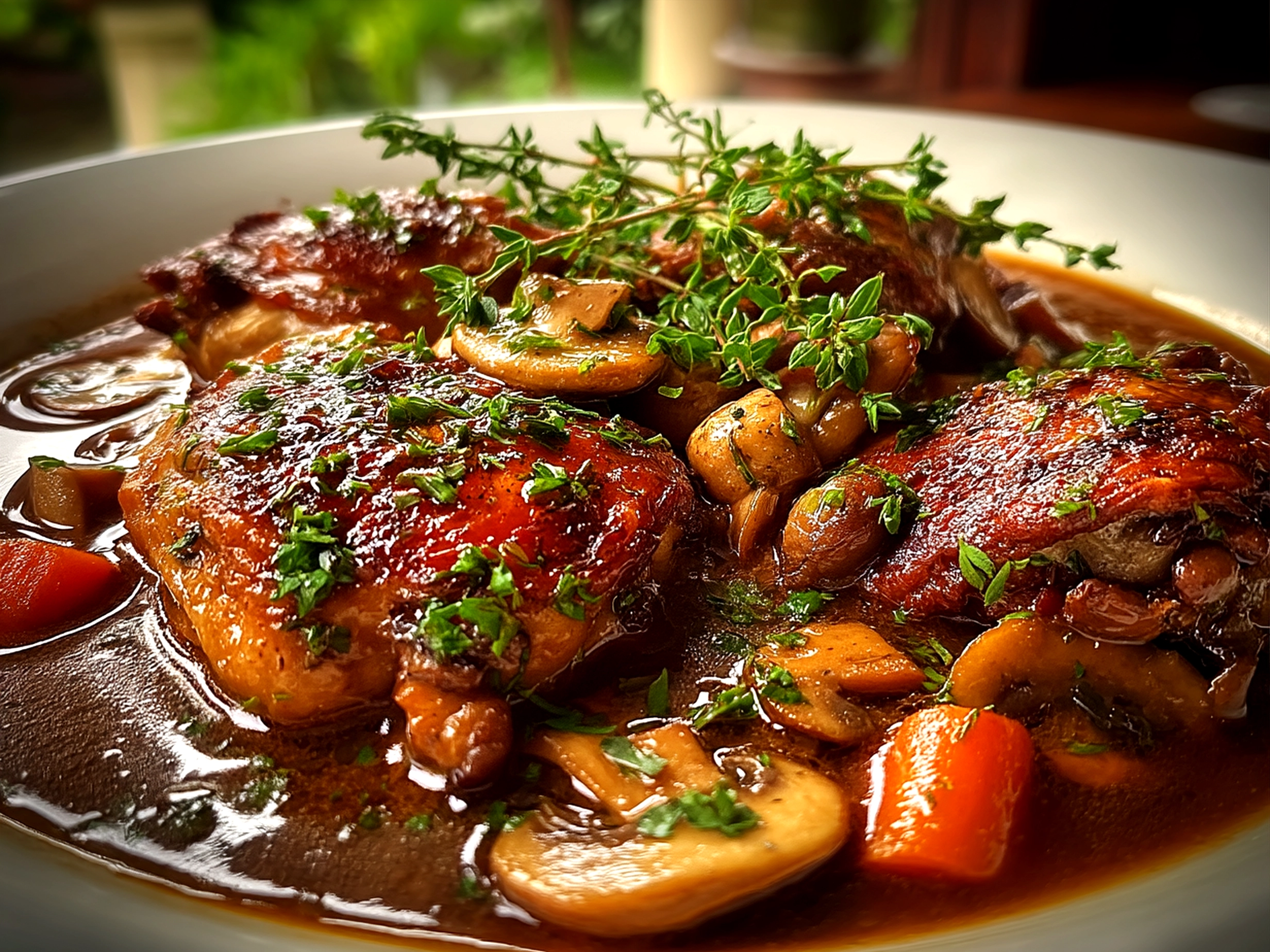 Coq au Vin Classic Chicken plated with red wine sauce and garnished with parsley