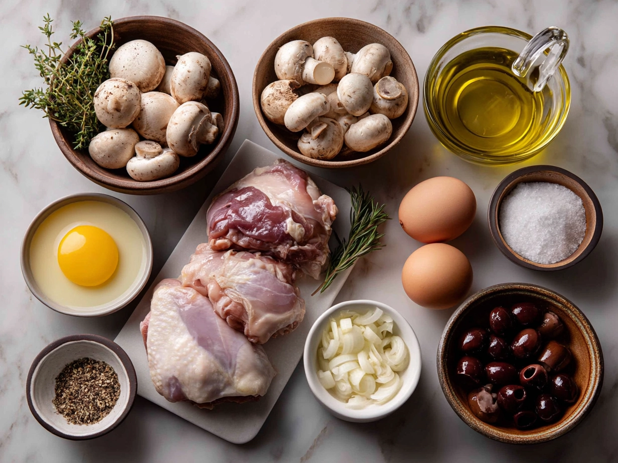 Ingredients for Coq au Vin Classic Chicken arranged on a kitchen counter