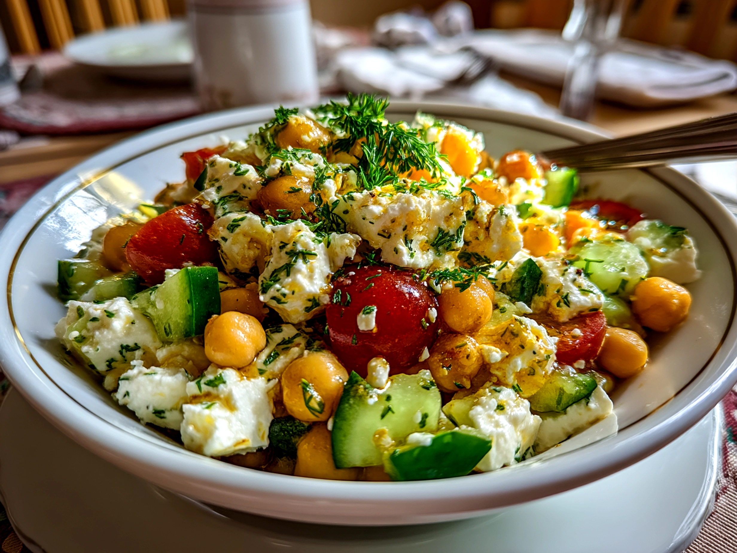 Beautifully served Cottage Cheese and Chickpea Salad on a rustic ceramic plate