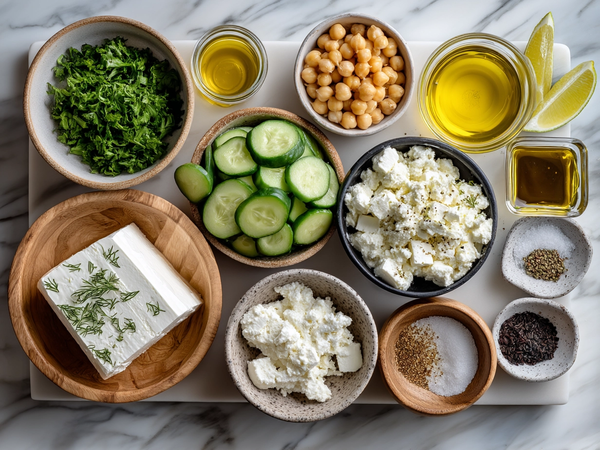Ingredients for Cottage Cheese and Chickpea Salad including cottage cheese, chickpeas, cucumber, cherry tomatoes, red onion, parsley, lemon juice, olive oil and spices