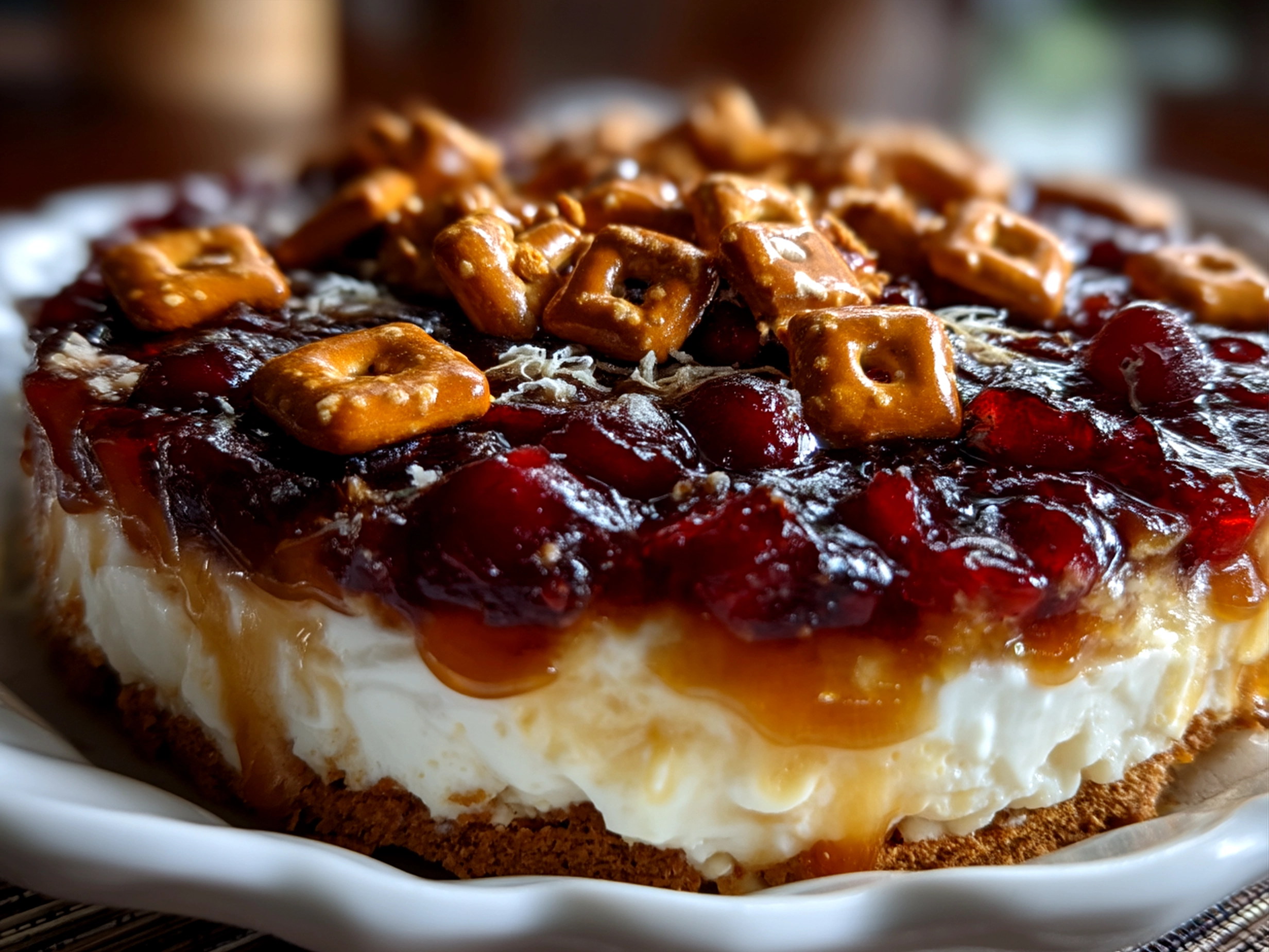 Slice of Cranberry Jello Pretzel Salad served on a white plate