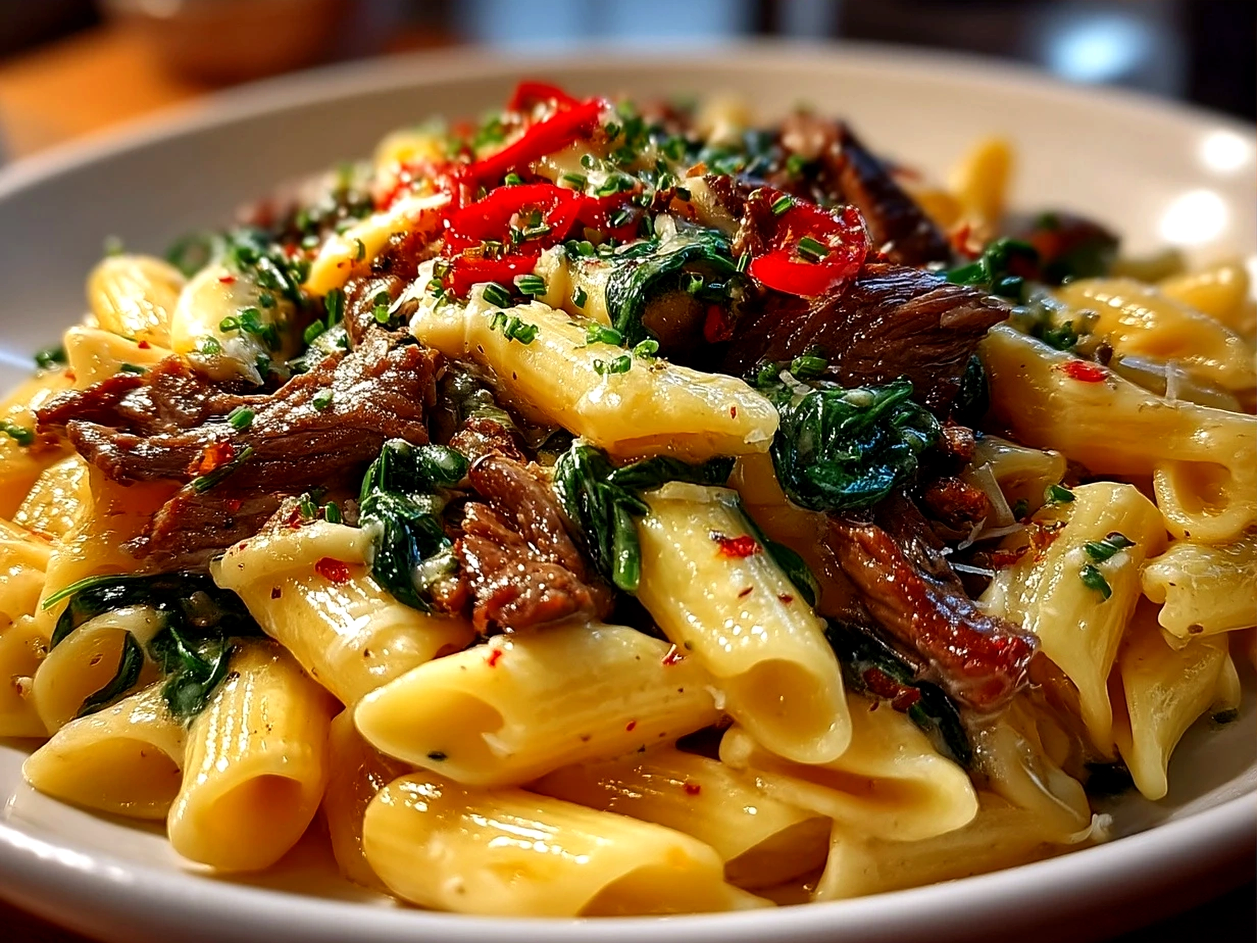 Creamy beef pasta served in a shallow bowl garnished with fresh herbs