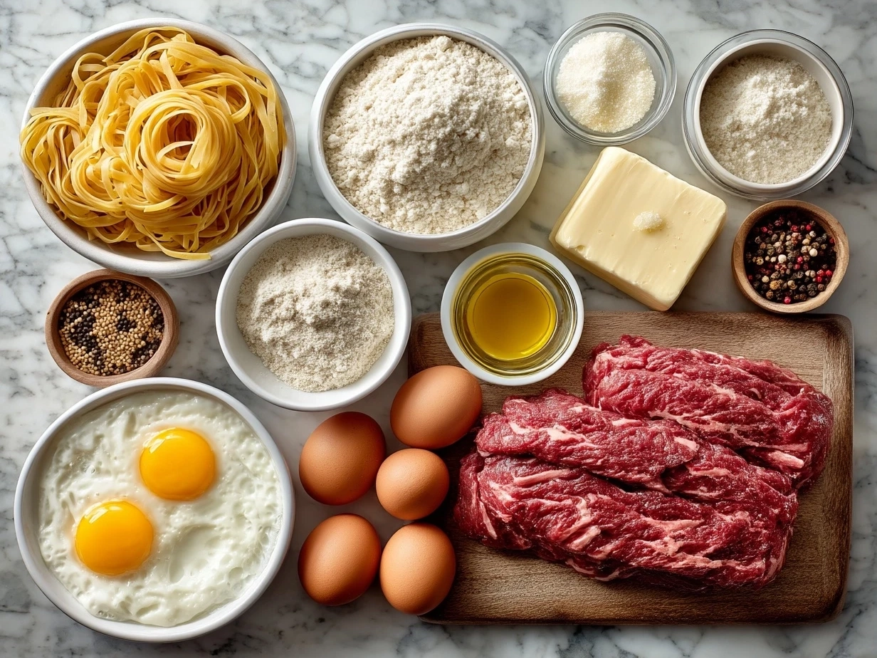 Ingredients for creamy beef pasta including ground beef, pasta, onions, garlic, cream, Parmesan, and herbs