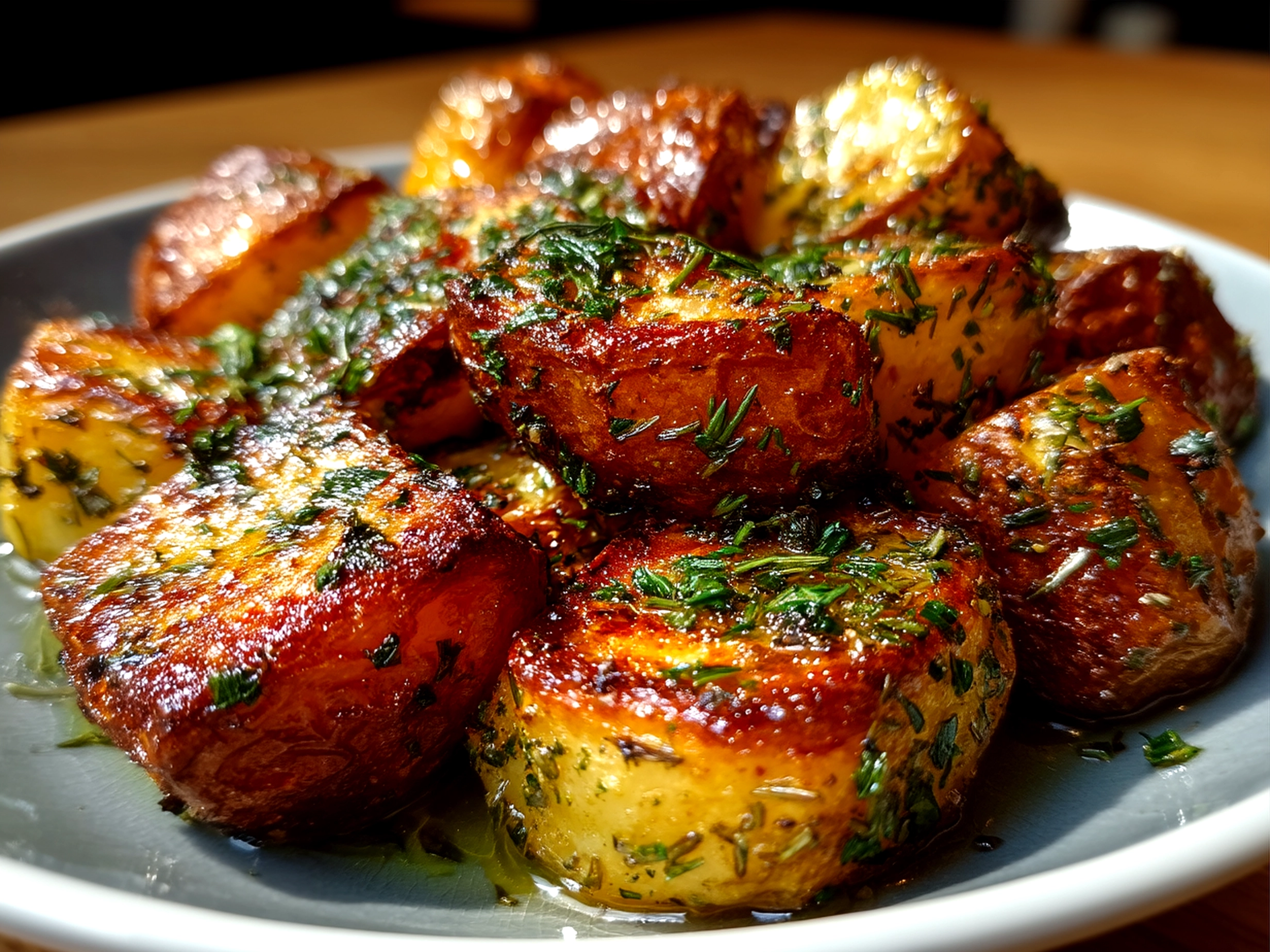 Plated Crispy Herb-Infused Roasted Potatoes garnished with fresh parsley