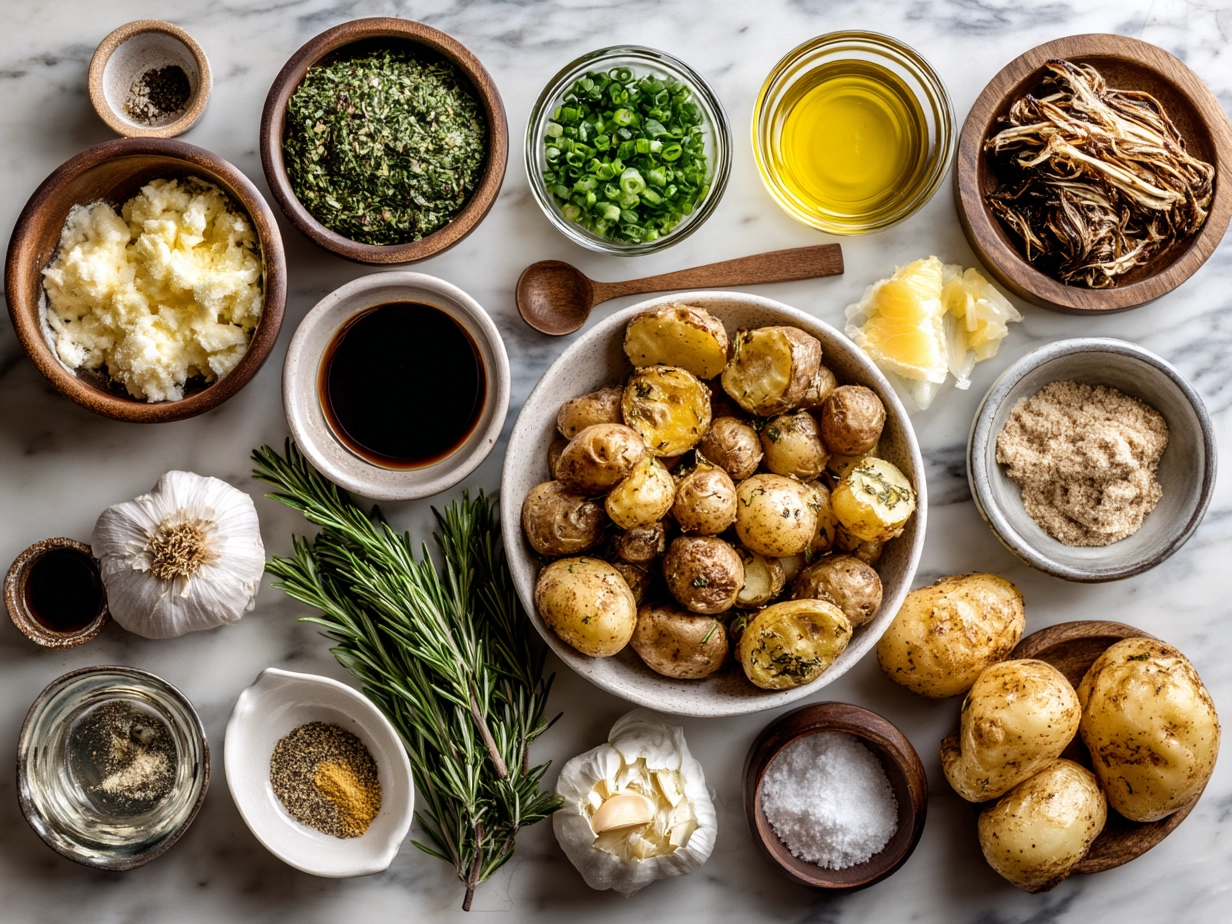Ingredients for Crispy Herb-Infused Roasted Potatoes including potatoes, olive oil, garlic, and fresh herbs