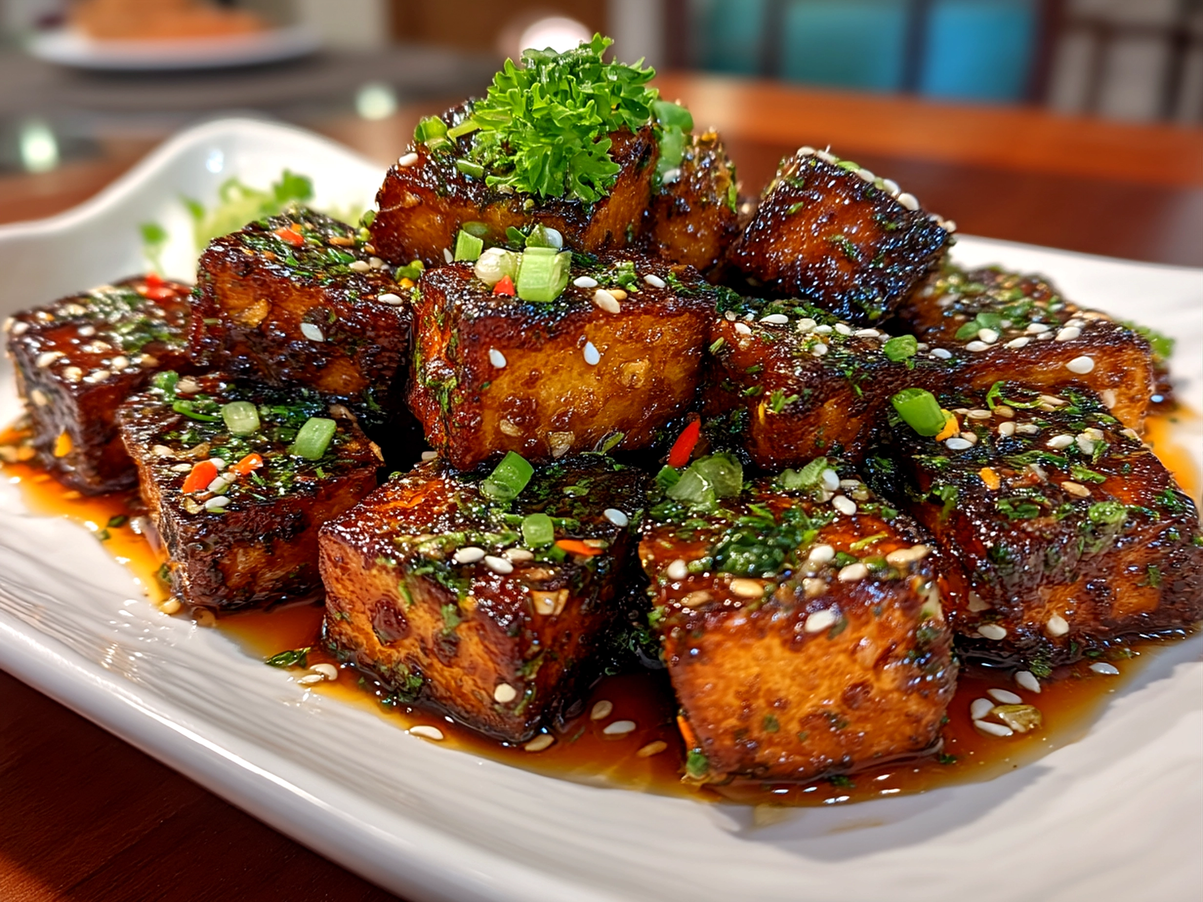 Served Crispy Teriyaki Tofu Cubes garnished with green onions and sesame seeds