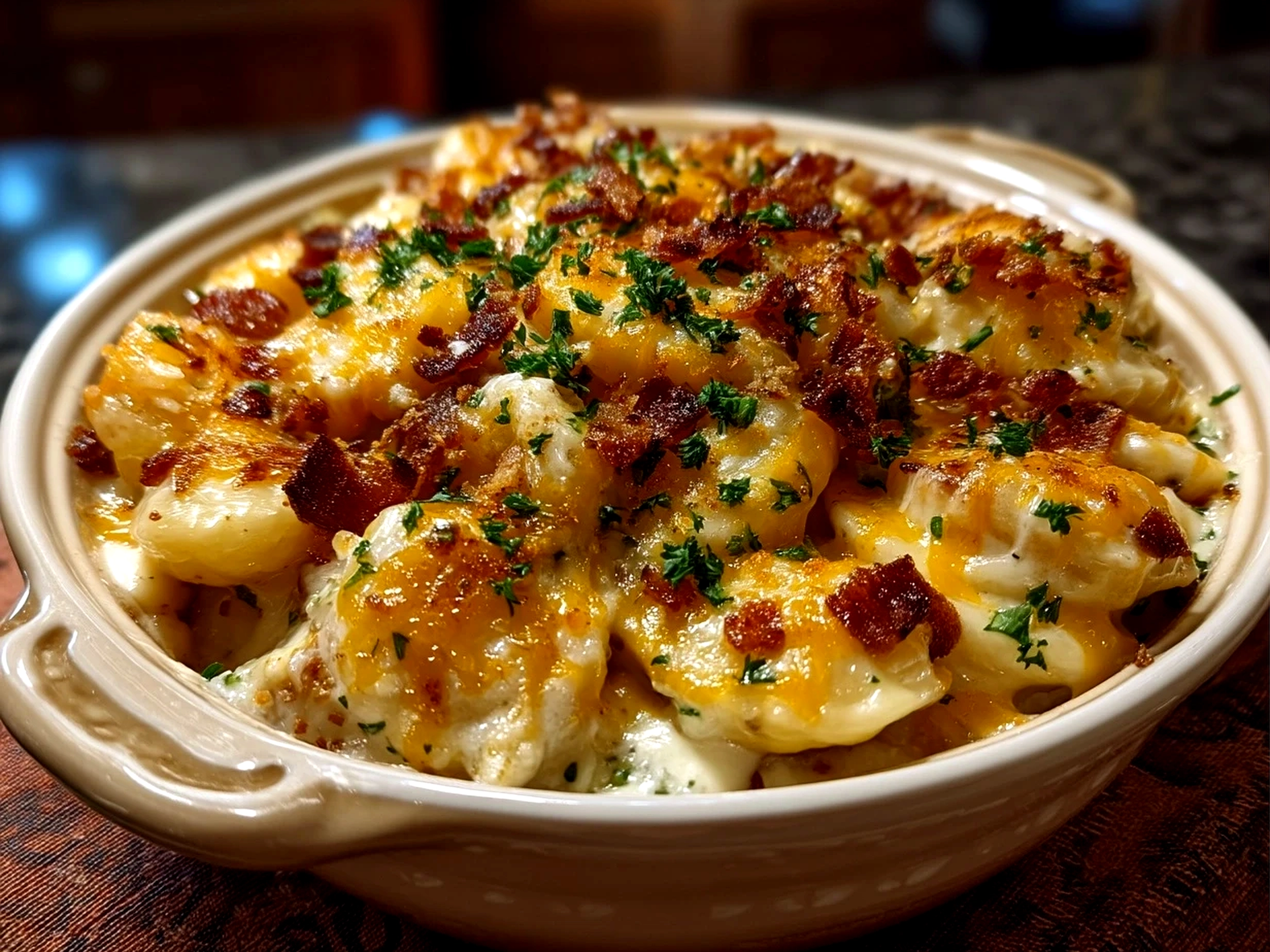 Served Crockpot Pierogi Casserole garnished with parsley