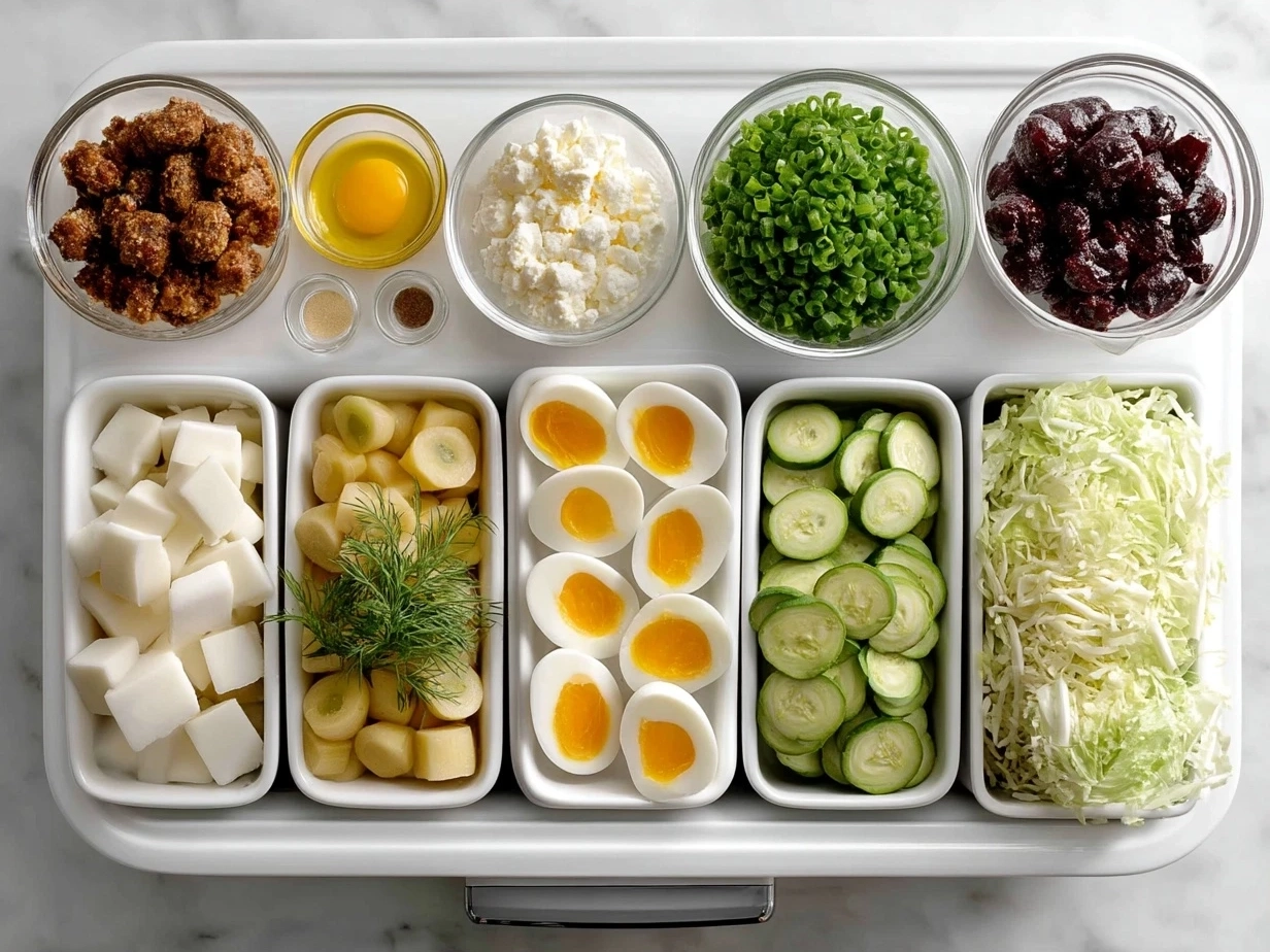 Ingredients laid out for Crockpot Pierogi Casserole