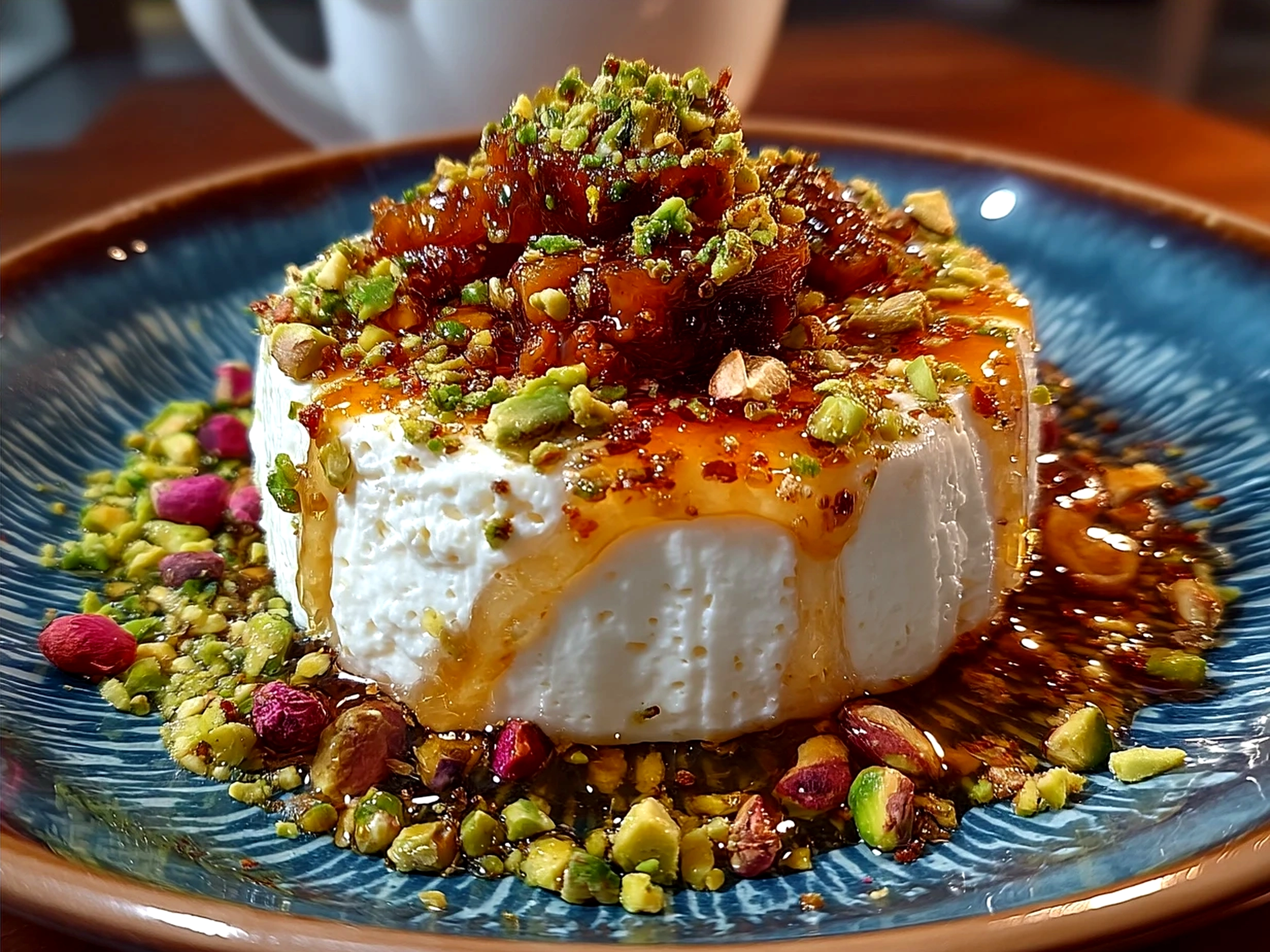 Finished Pistachio Crusted Dates with Honey Drizzle beautifully arranged on a platter ready to serve