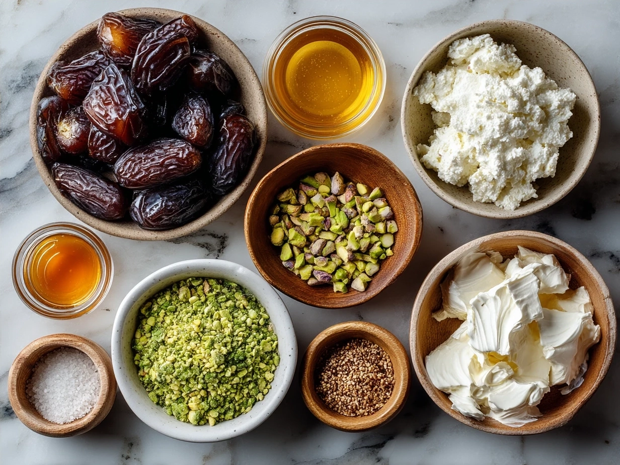Ingredients for Dates Cream Cheese Pistachio Honey including Medjool dates, cream cheese, pistachios, honey, vanilla extract, and sea salt