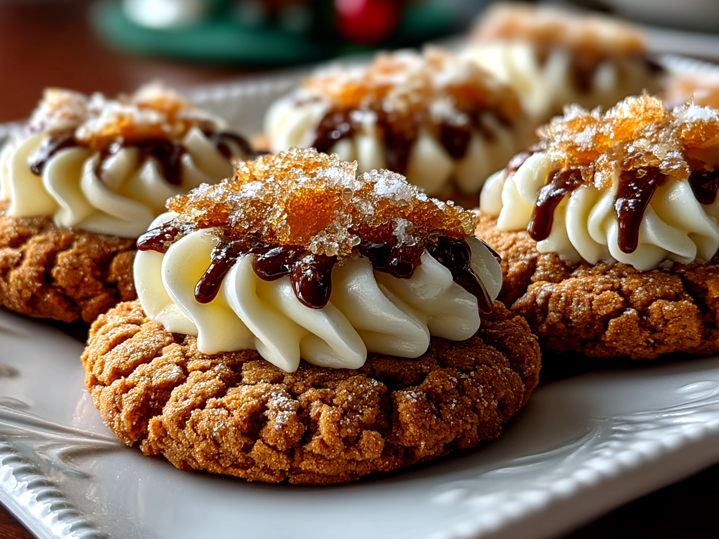 Platter of Eggnog Gingerbread Thumbprint Cookies with creamy white filling