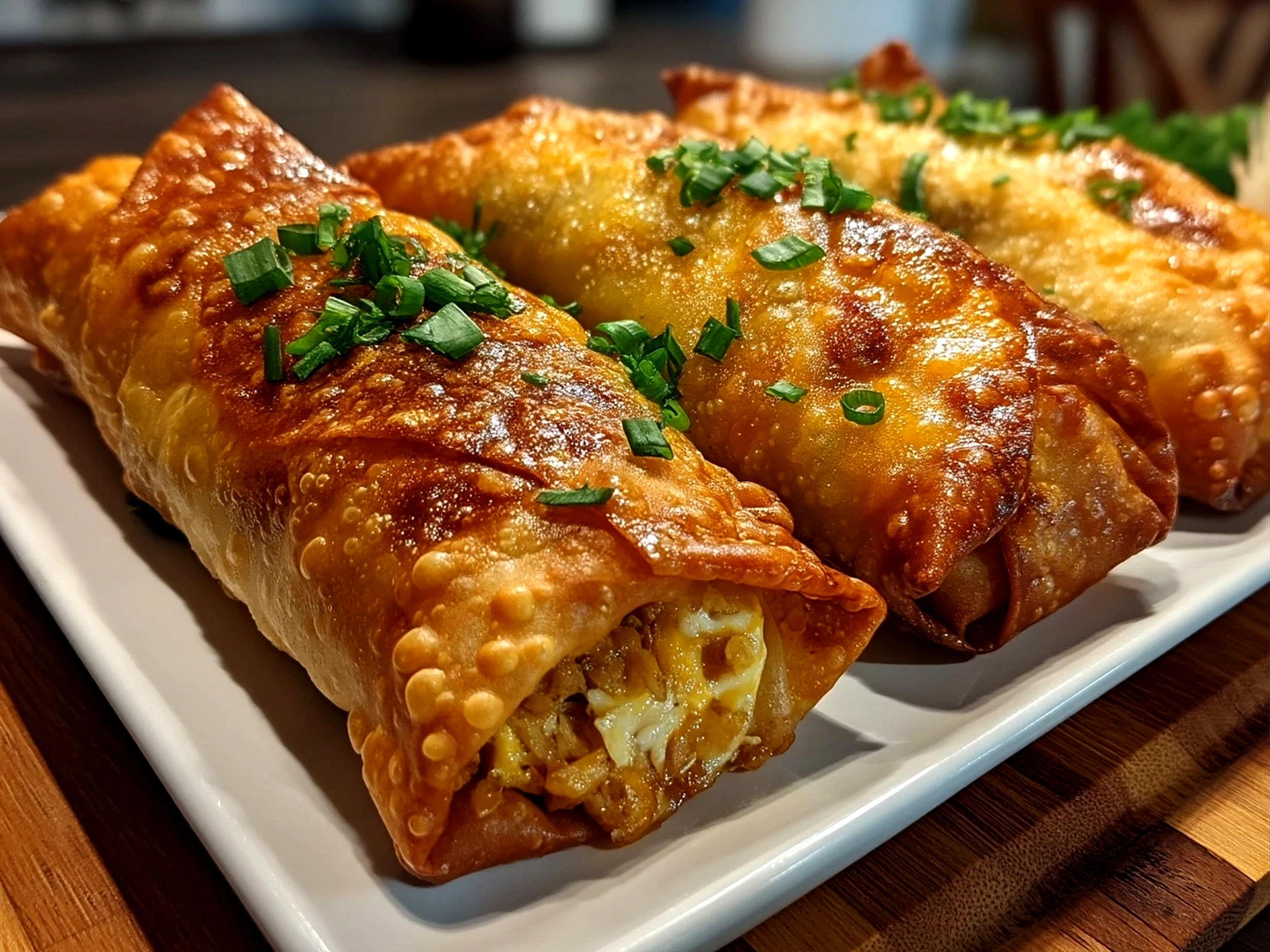 Close-up of finished Buffalo Chicken Dip Egg Rolls served on a platter
