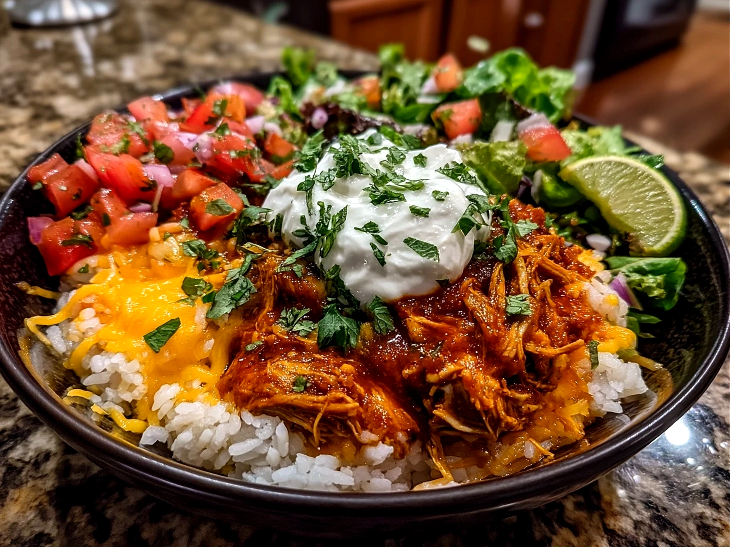 Finished homemade Chicken Enchilada Bowl close up