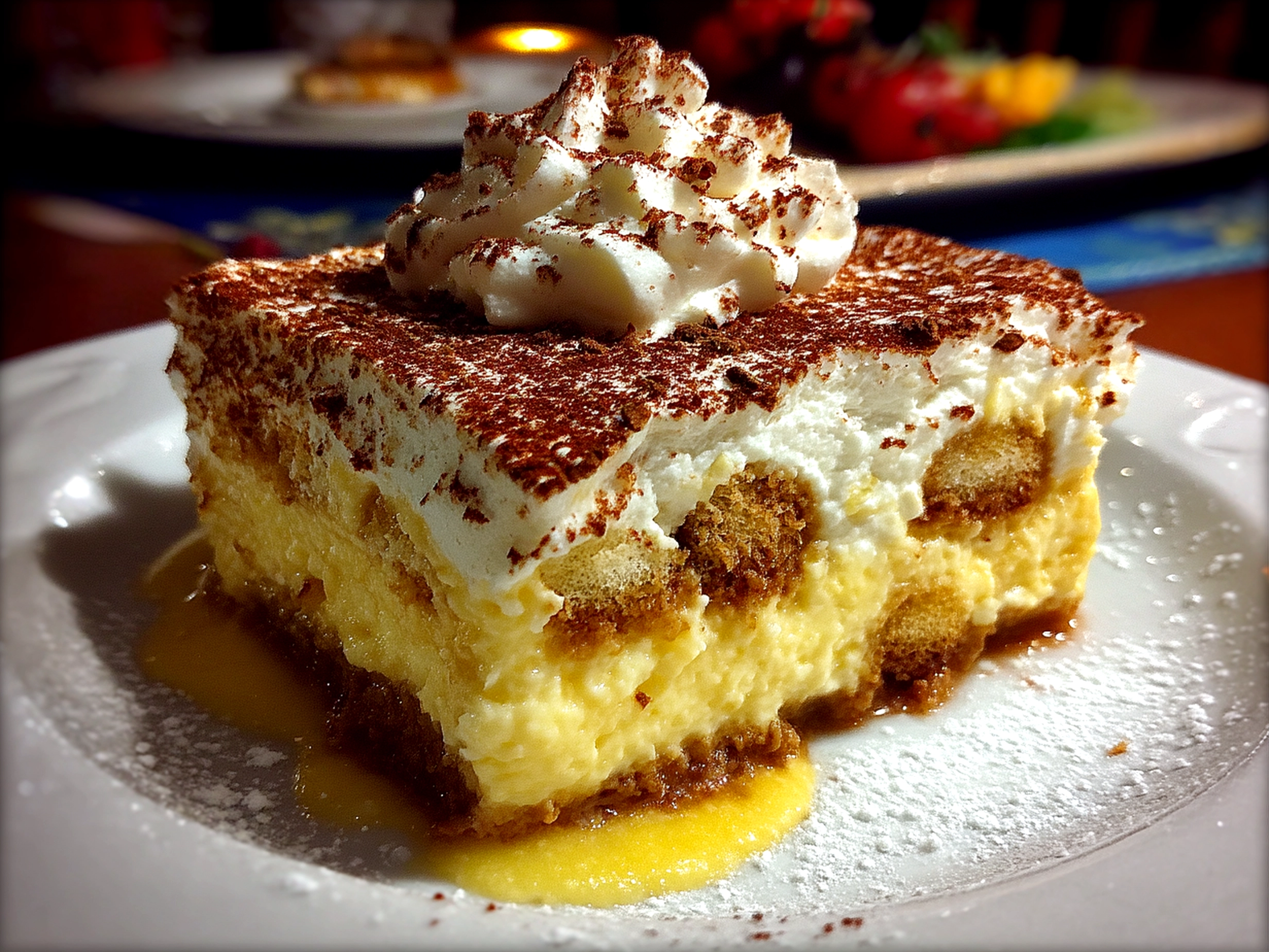 Close-up image of finished Limoncello Tiramisu topped with lemon zest and powdered sugar