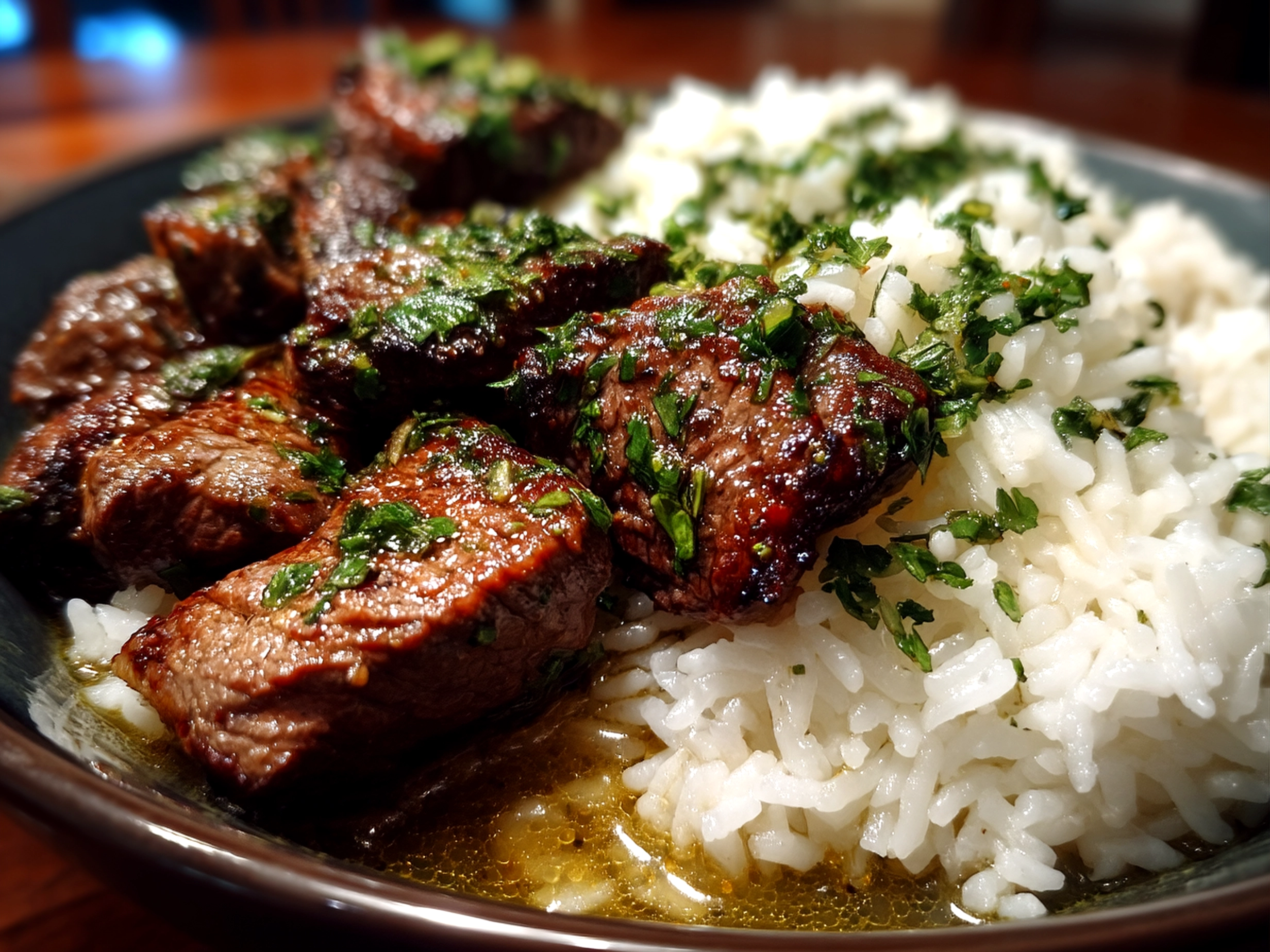 Slow Cooker Garlic Butter Beef plated with fresh herbs garnish