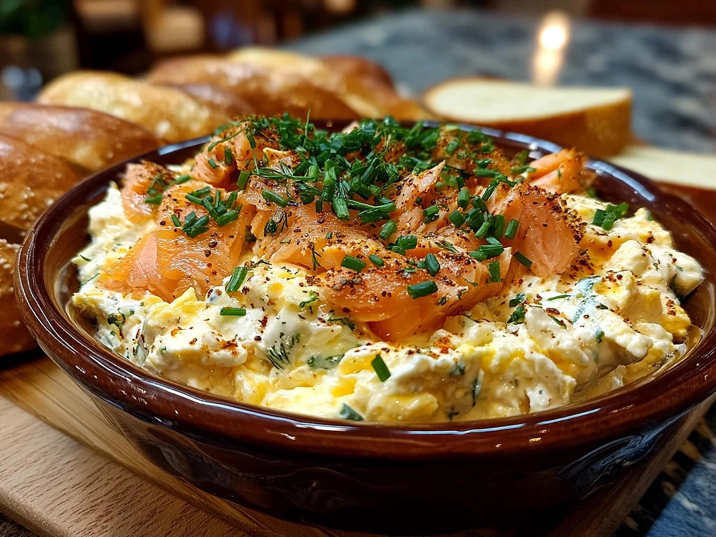 Close-up of finished Smoked Salmon Bagel Dip garnished with fresh dill and served in a bowl with bagel chips